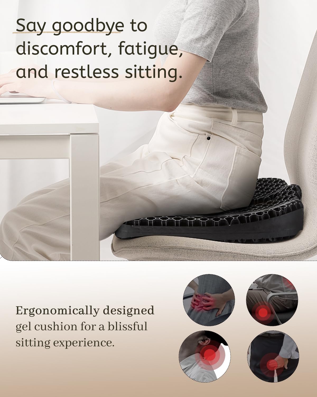 Cojín de asiento de gel para sentarse durante mucho tiempo y aliviar el dolor de cadera (tamaño grande), cojines 3D refrescantes para silla de oficina, coche, silla de ruedas, funda