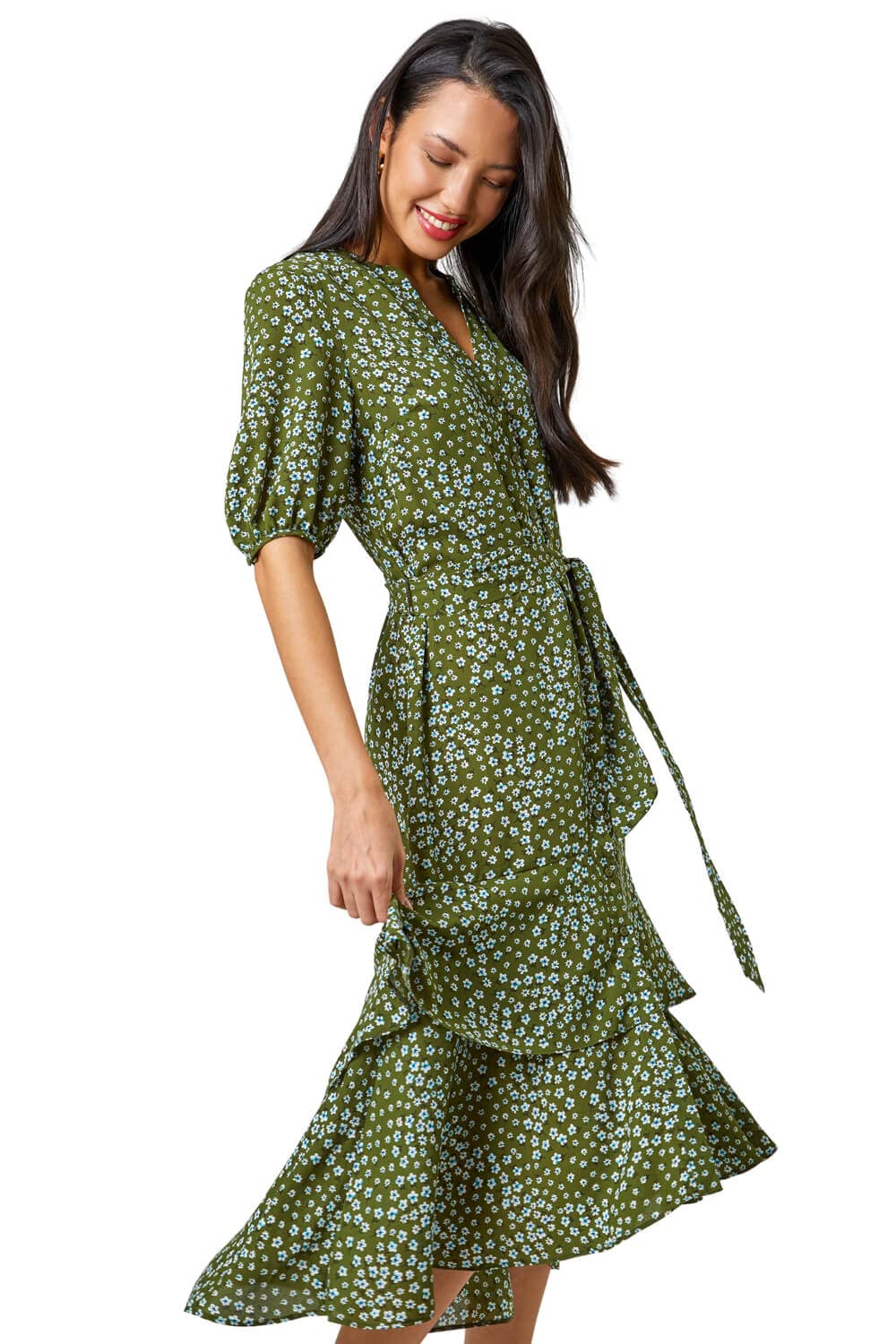 Roman Originals Frill Dress for Women UK Ladies Summer Wrap Chiffon Frill Hem Layered Belted Midi Maxi Tiered Cape Special Occasion Fit & Flare Wedding Guest Swing Skater - Khaki - Size 18
