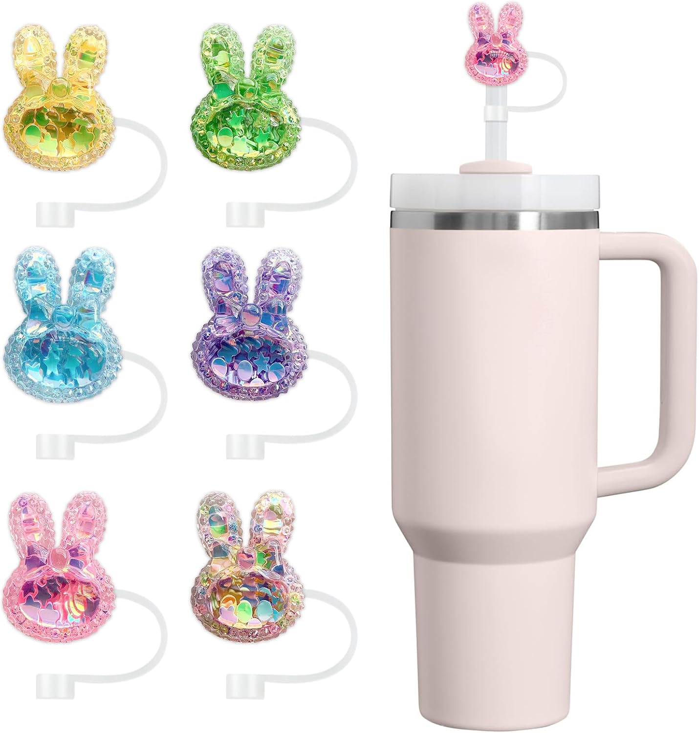 6PCS Easter Stanley Straw Cover, 10mm Bling Straw Toppers for Stanley Cup 30 & 40 oz, Reusable Tumbler Accessories, Cute Decoration Gift for Women & Girls (Bunny)