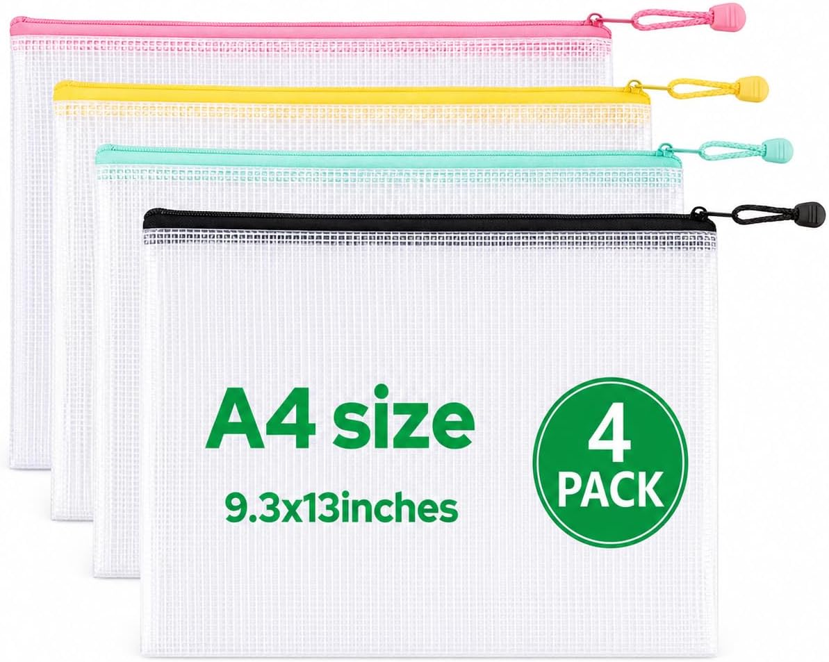 Mesh Zipper Bags 4 Pack A4 Size Plastic Storage Pouches with Zipper