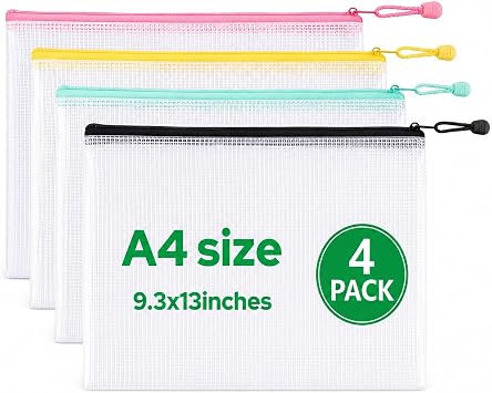Mesh Zipper Bags 4 Pack A4 Size Plastic Storage Pouches with Zipper