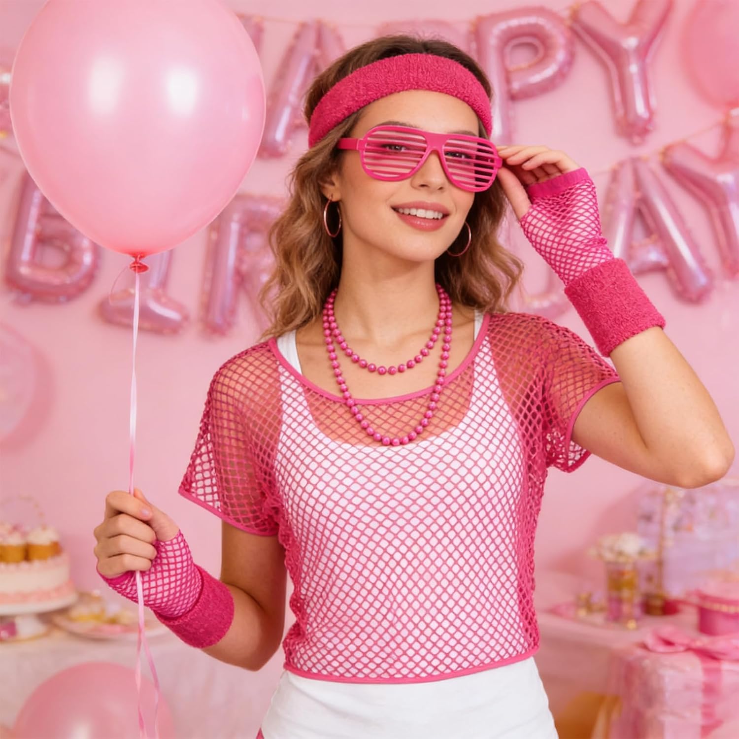 6 Pieces Women's 80s Costume, Neon Mesh Net T-Shirt, Mesh Gloves Headband Wristbands, Costume Set for Party Costume