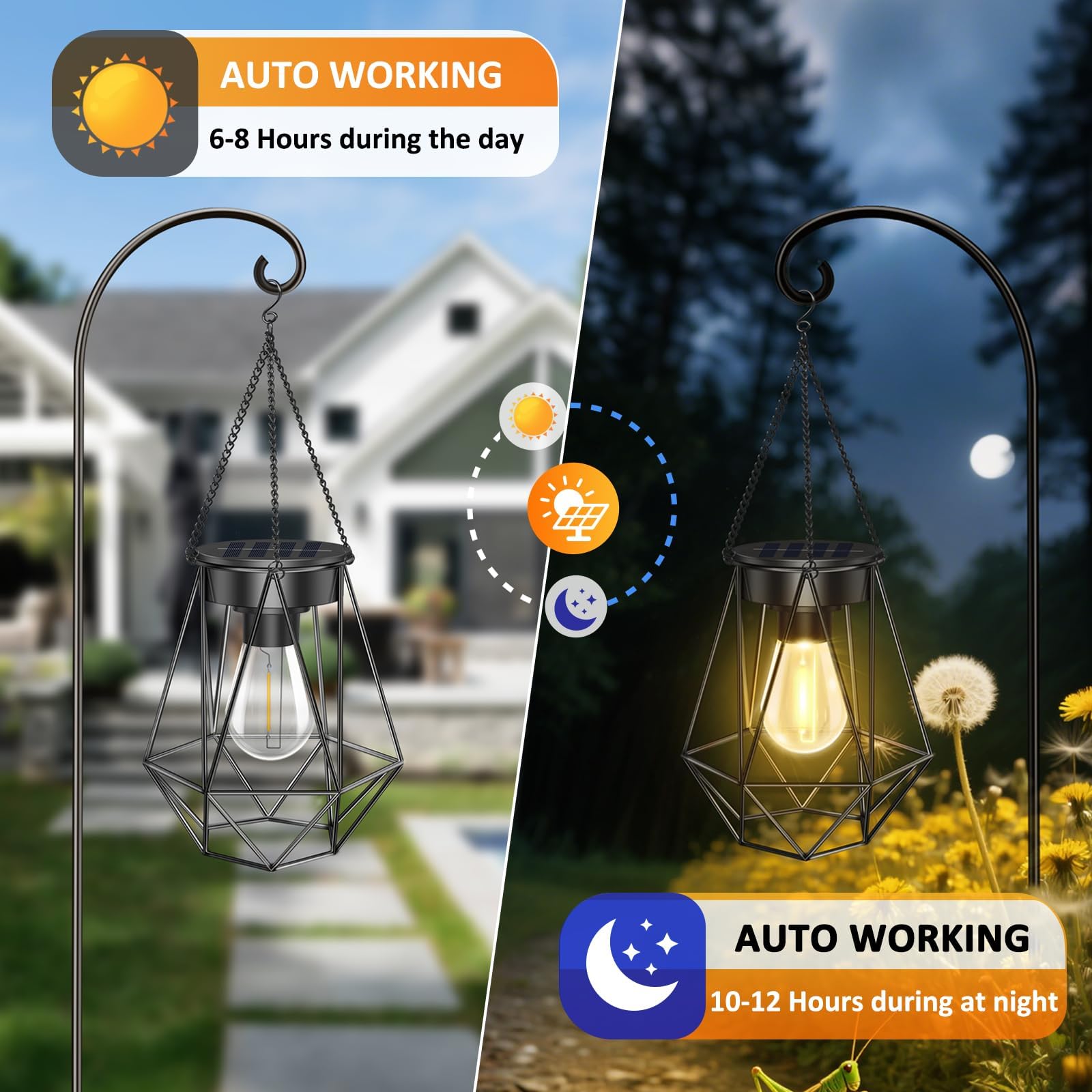 Solar Lights Outdoor Garden, 2 Pack Hanging Lanterns with Bulb Chain Hook, Metal Lantern Outdoor Garden Light Warm White - Image 3