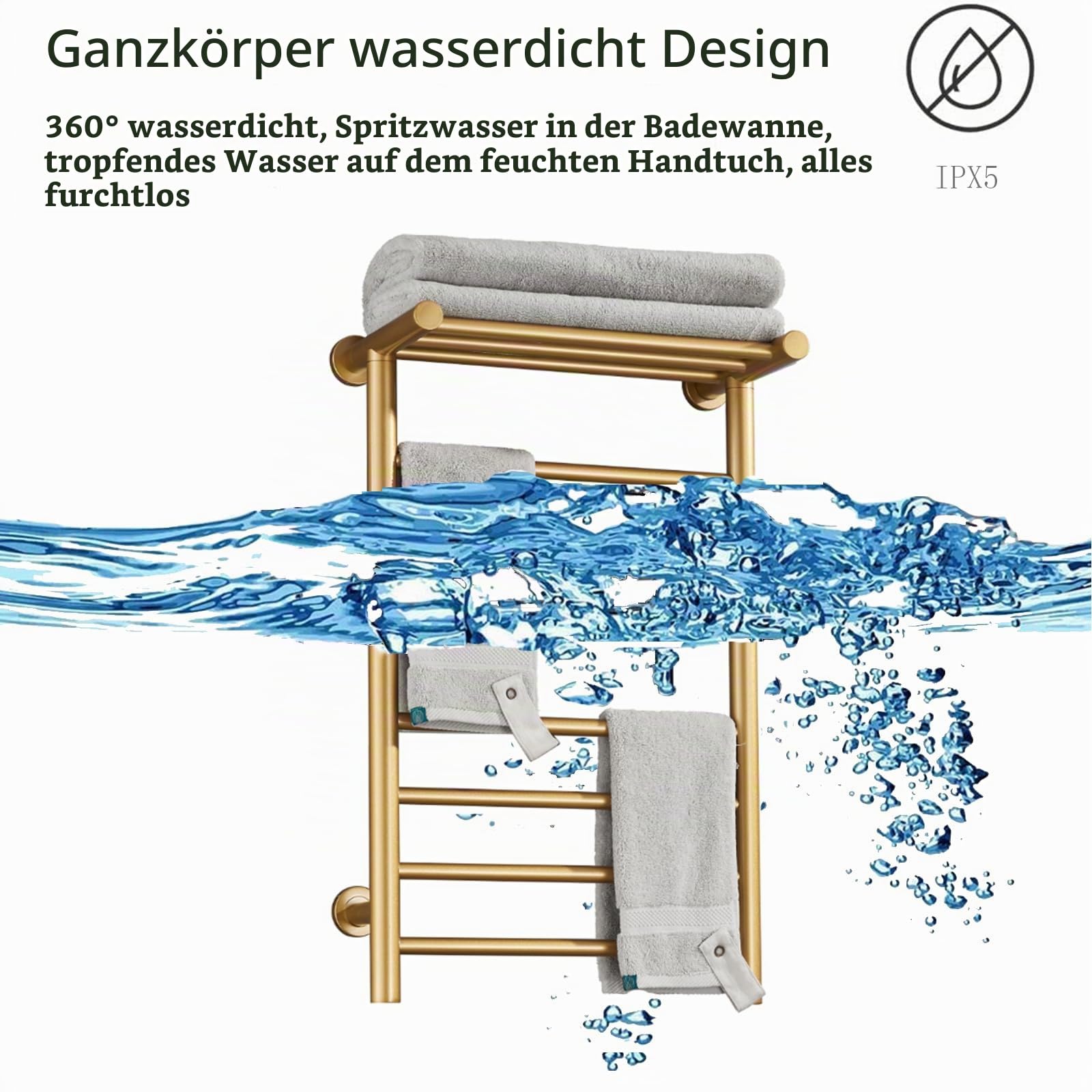 Elektrischer Badheizkörper, Gold 7-Bar Elektrisch Handtuchwärmer Handtuchtrockner Mit Oberer Ablage, Wandmontierter Rostfreier Stahl-Kohlefaser Beheizter Handtuchhalter, 72*45*25 cm (Plug-in)