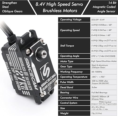 Miniatura 4 de Sincecam 59.5 lbs de bajo perfil de alta velocidad sin escobillas servo 8.4 V impermeable servo digital metal oblicuo engranaje 270  RC dirección