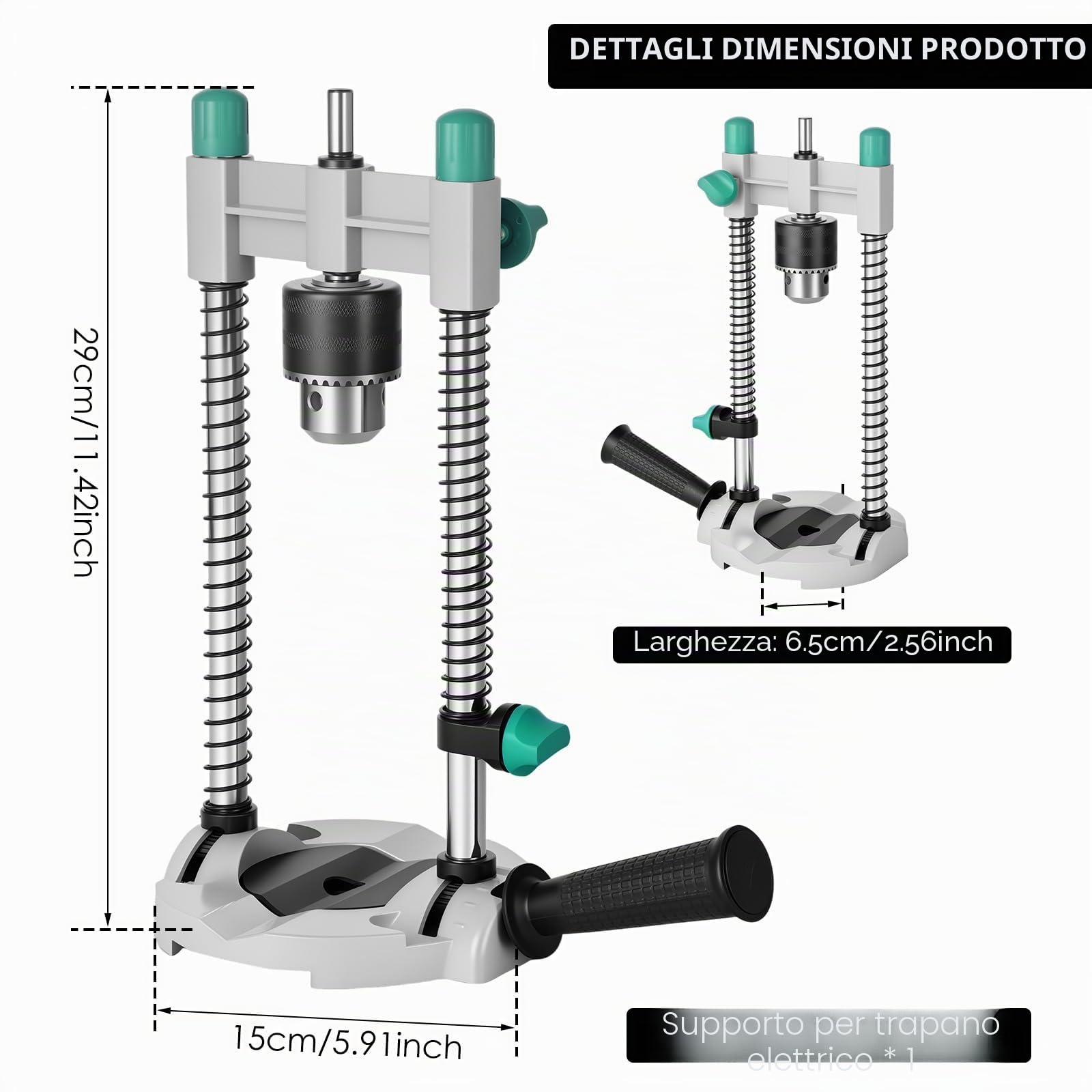 Supporto per trapano, 15 x 6,5 x 29 cm, supporto per trapano portatile con mandrino multiangolo, 45 – 90 gradi, regolazione multiangolo, punta per fori per la lavorazione del legno