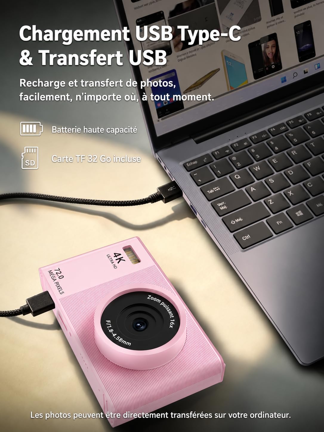 Cámara Digital 4K-72MP con Tarjeta SD de 32GB Incluida, Autofocus AF, Zoom Digital 16X, Pantalla de 2,8 pulgadas, Carga y Transferencia Tipo-C, Ligero y Compacto