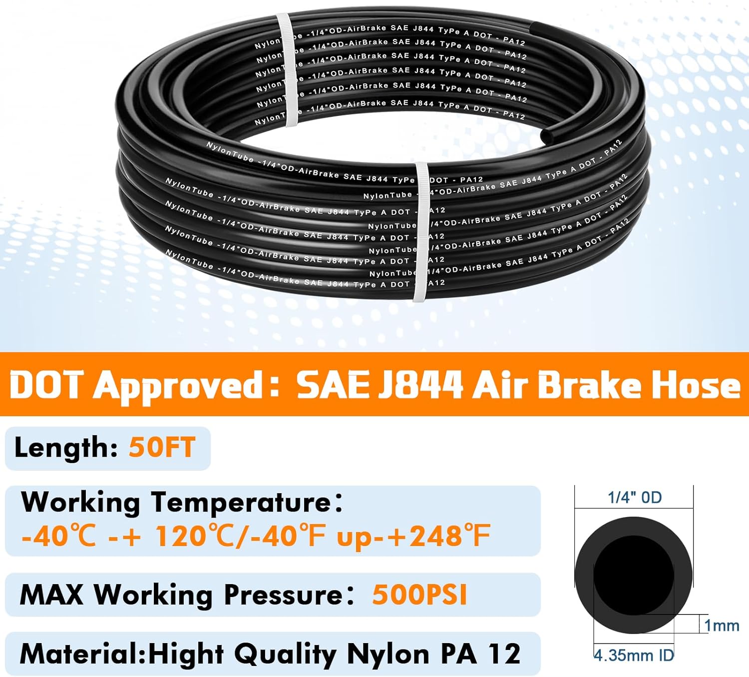 1/4" OD x 50FT DOT Air Line Tubing Kit Black SAE J844 PA12 Nylon Air Brake Hose with Cutter and Teflon Tape For Trailer Trucks RV Braking Systems or Fluid Transfer