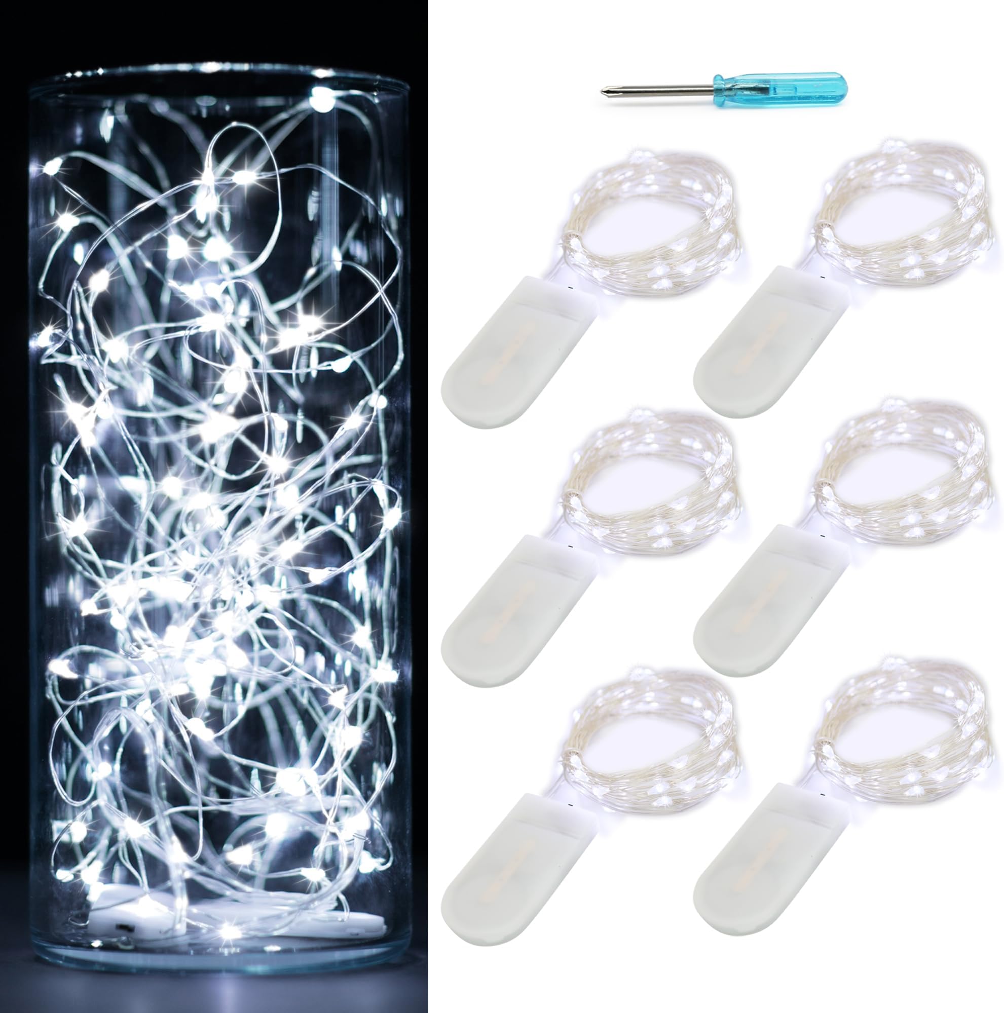 OakHaomie 6 Pack Fairy Lights Battery Operated No Remote Waterproof Firefly Lights LED Starry String Lights 20 LEDs 7ft Silvery Copper Wire for Wedding Party Bedroom Patio Christmas Decor Cool White