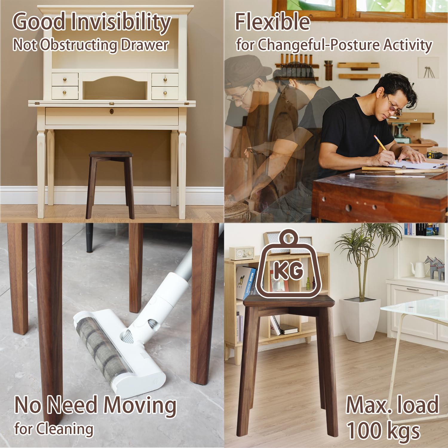 Taburete de madera de nogal de 45 cm de alto, apilable sin respaldo, solución de asiento con parte superior cuadrada, almohadilla de fieltro antideslizante para cocina, habitaciones, oficina,