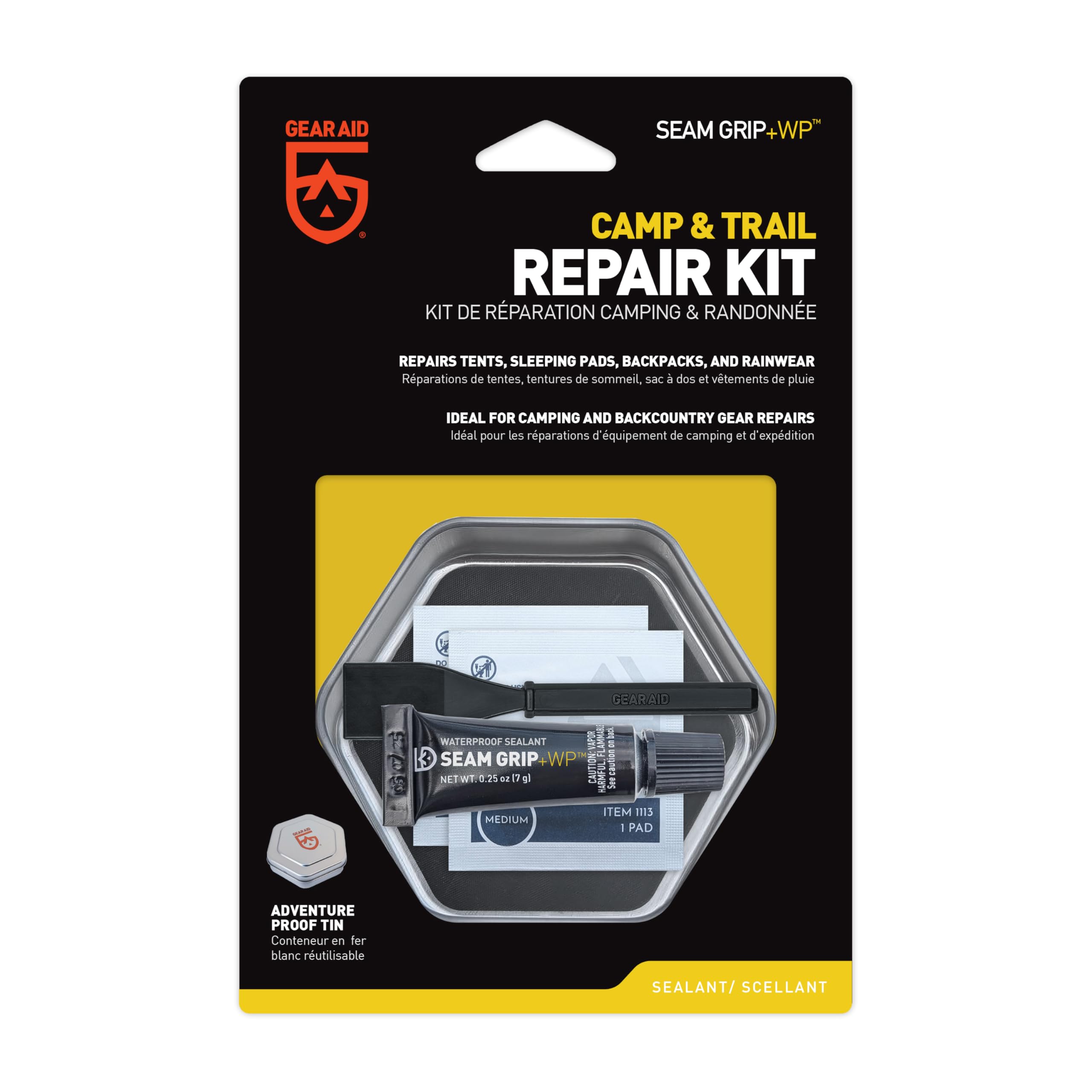 GEAR AID Seam Grip WP Camp & Trail Repair Kit – Waterproof 0.25 oz Sealant with Four Tenacious Tape Hex Patches (2.5