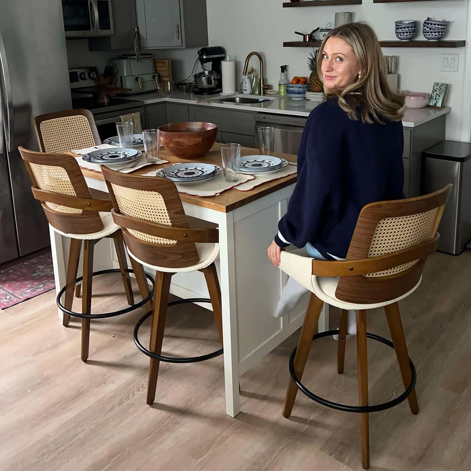 Set of 2 Mid Century Modern Counter Stools - 26.4 inch Rattan Swivel Counter Stools with Cane Back, Upholstered Faux Leather, Walnut Craftsmanship, Ideal for Island/Pub/Kitchen(26" Seat Height, Beige)