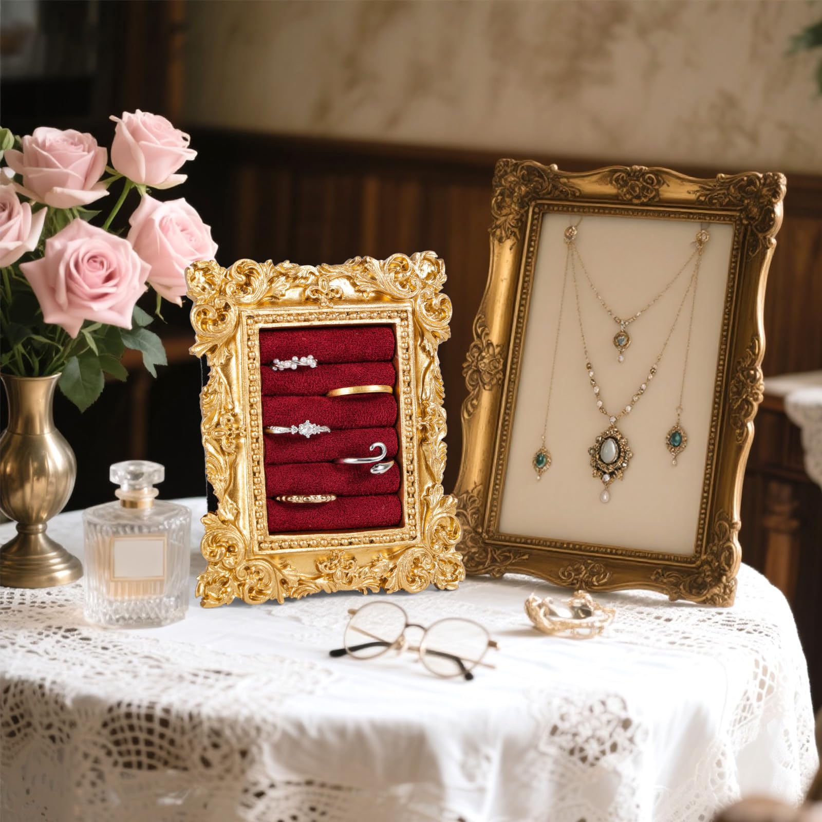 Mikovivi Vintage Ring Display Stand, Baroque Ring Holder Earring Display Tray Jewelry Organizer Birthday Engagement Wedding Decoration for Women (): Wine Red