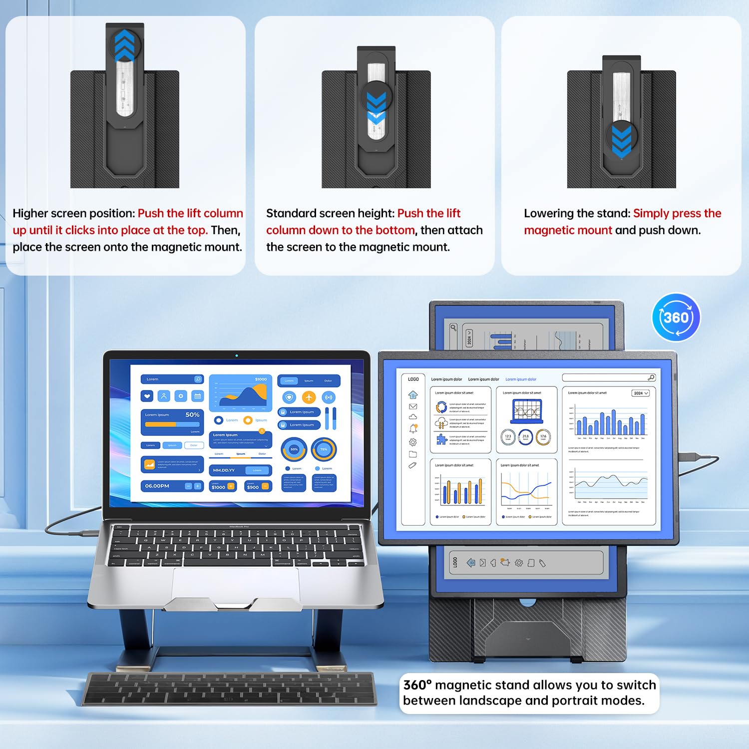 KEFEYA Tragbarer Monitor, 16.2" FHD 1200P Laptop Bildschirm Erweiterung, Monitor mit 360° Drehbarer Magnetischer Halterung, Reisemonitor für Alle Laptops, Plug & Play für Windows/Mac/Chrome/Xbox/PC