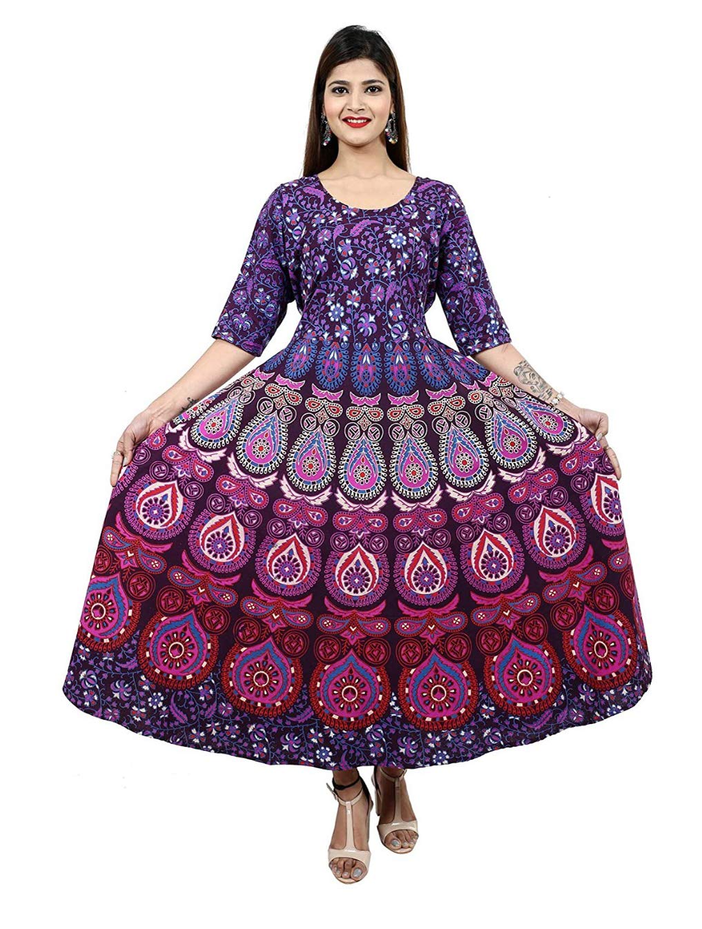 Parii Fashion Jaipur Cotton Blend Flared/A-line Stitched Half Sleeve Casual Long Maxi Gown Dress for Women-image-45