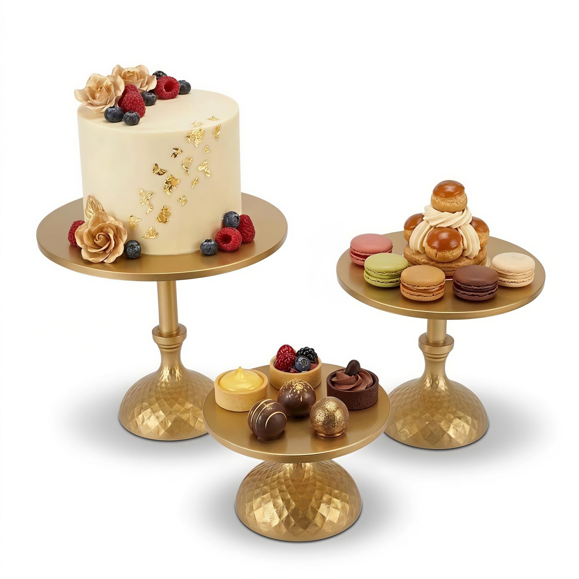 3 Piezas Juego de soporte para tartas de oro, soporte para cupcakes, hierro con base redonda elevada sin herramientas, platos de pastelería para mesa de postres de boda