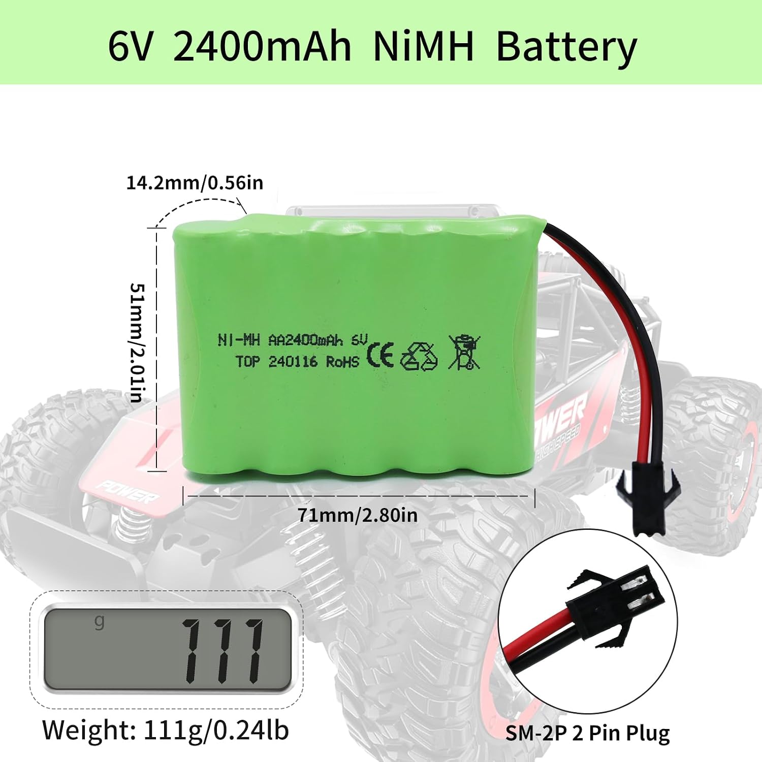 Batterie RC NiMH 6V 2400mAh – SM-2P, Charge USB, Pour Voitures Et Camions Télécommandés 🔋