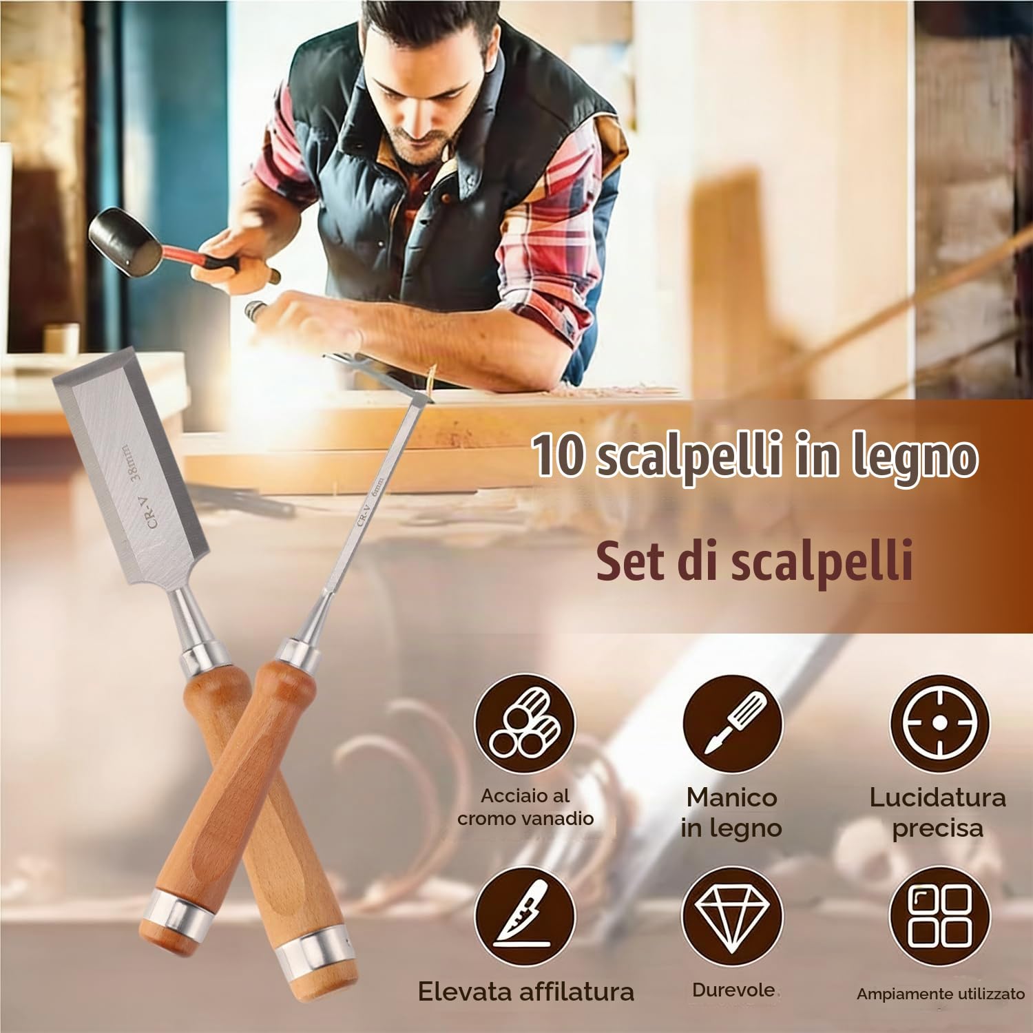 Scalpelli Per Legno,Set Di 8 Scalpelli Da Falegname Da 1/4 Pollice a 2 Pollici, Con Mola e Guida Di Smerigliatura Per Intaglio Del Legno, Carpenteria e Rifilatura Dei Bordi