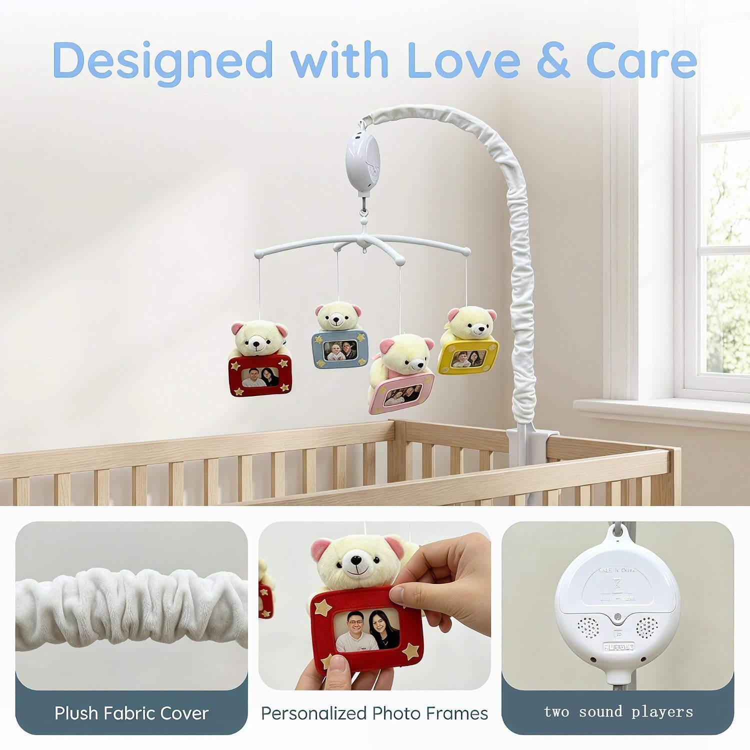 Mobile de berceau en forme d'ours en peluche avec 35 berceuses et 3 niveaux de volume, cadre photo familial personnalisé, décoration de berceau de bébé, jouet apaisant pour nouveau-né de 0 à 12 mois