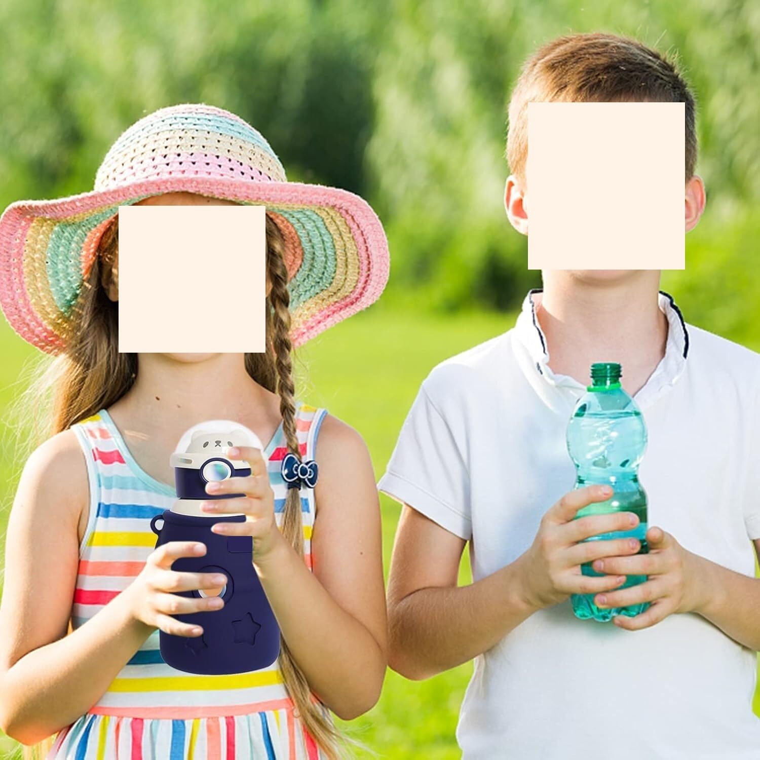 Thermosflasche aus Edelstahl, Kawaii-Isolierbecher mit Aufklebern, 500 ml, Wärmflaschen mit verstellbaren Riemen, Kinder-Wasserflaschen, Reise-Fitness-Trinkausrüstung(Blue)