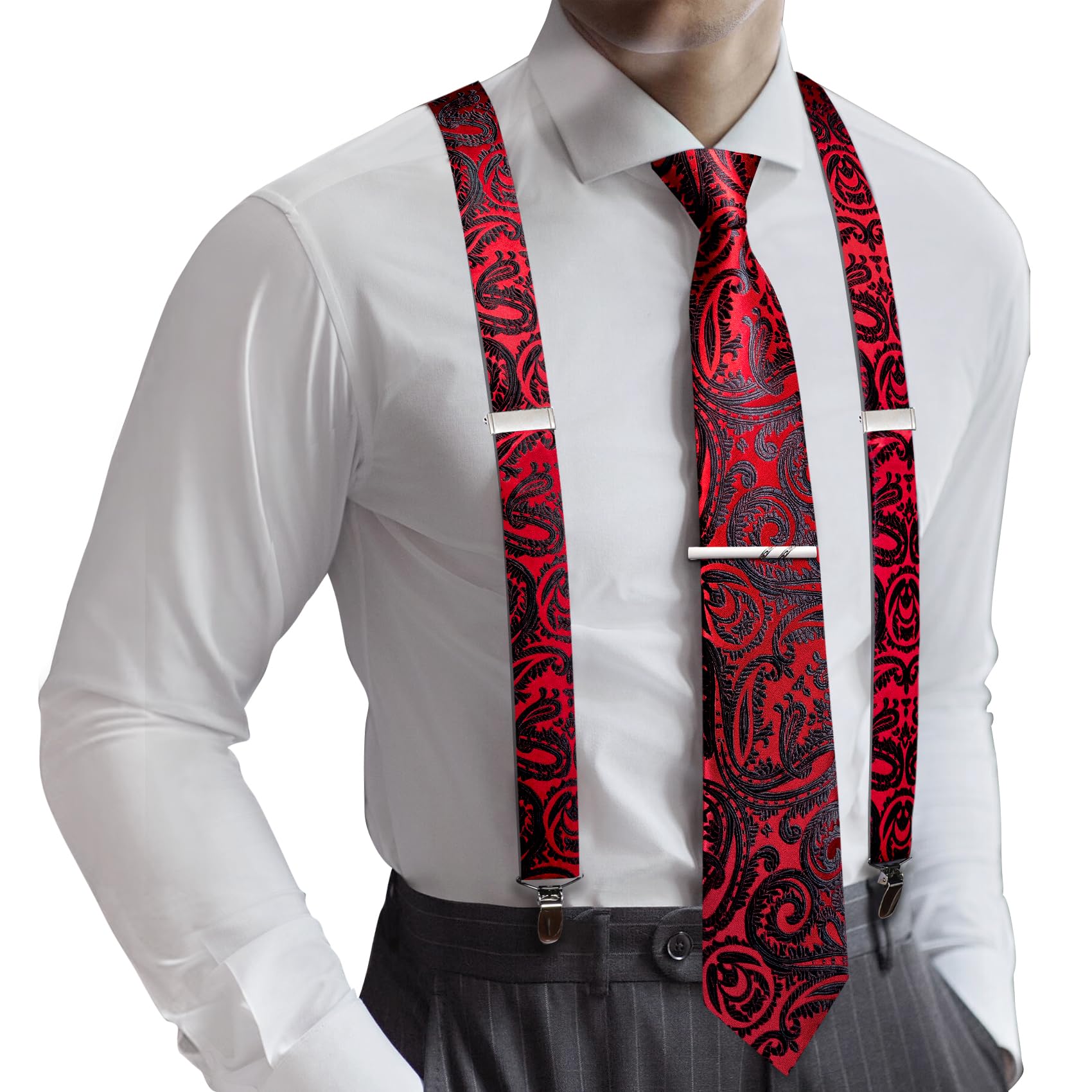 Barry.Wang Men Suspender Tie Sets Elastic Heavy 6 Clips Hanky Cufflink 5PCS | Classic Suspender Set for Man Necktie Y Type Adjustable Heavy Duty 6 Clips Braces Pocket Square Cufflinks Party