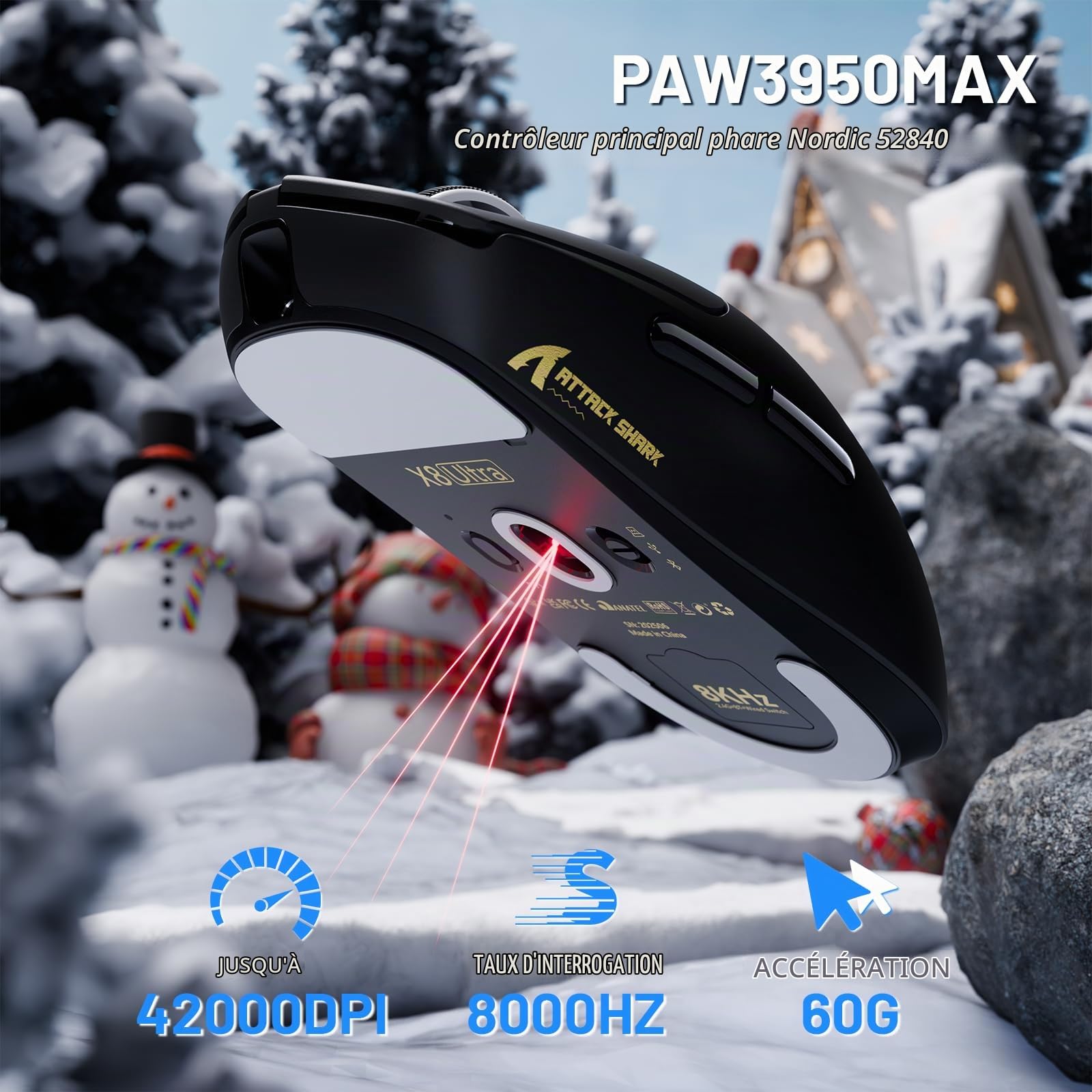ATTACK SHARK X8 Ultra 8KHz Souris Gaming Sans Fil, 55g Ultraléger, Nordic52840, PAW3950MAX, 42KDPI, BT/2.4Ghz/Filaires, Revêtement Nano Frais, Grosses Mains, 500mAh, SW & Web Driver,Pour PC/Mac (Noir)