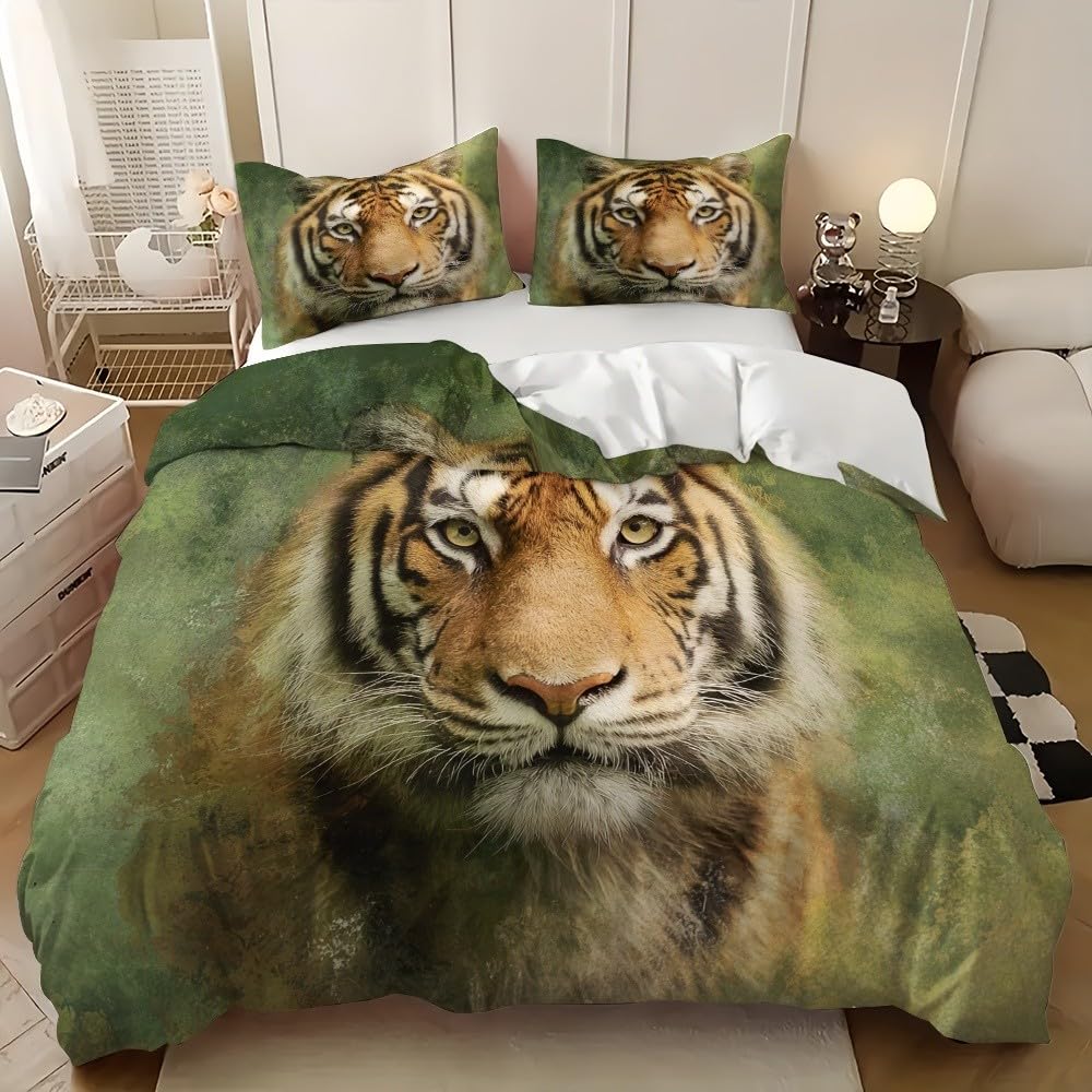 Parure de Lit 140x200 Hypoallergénique Motif Tigre en Microfibre Douce à Zip