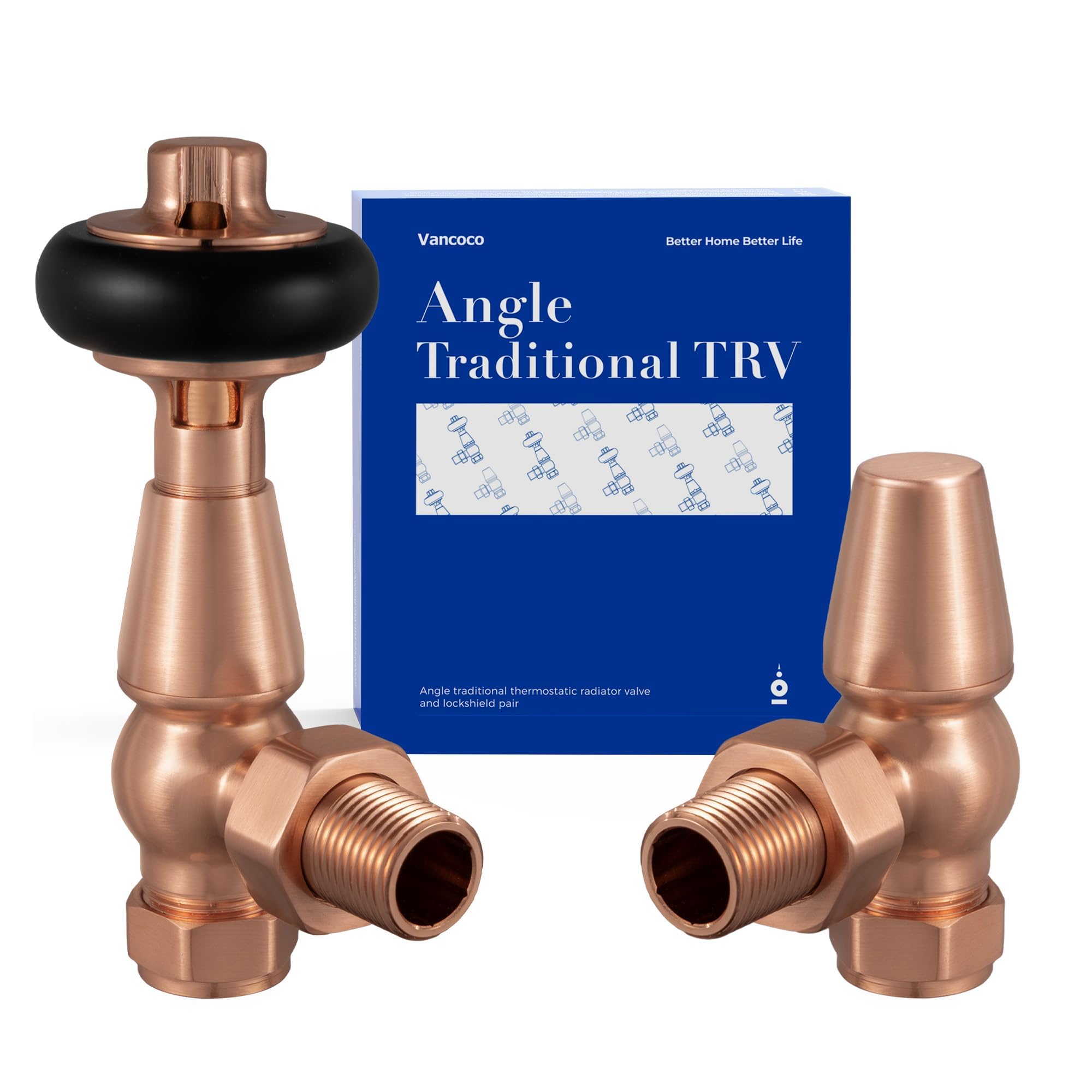 VANCOCO Traditional Antique Purple Copper Angled Radiator Valve & Lockshield 1/2"×15mm, Thermostatic TRV Pair for Cast Iron or Modern Radiators with Solid Wood Handwheel — image 1