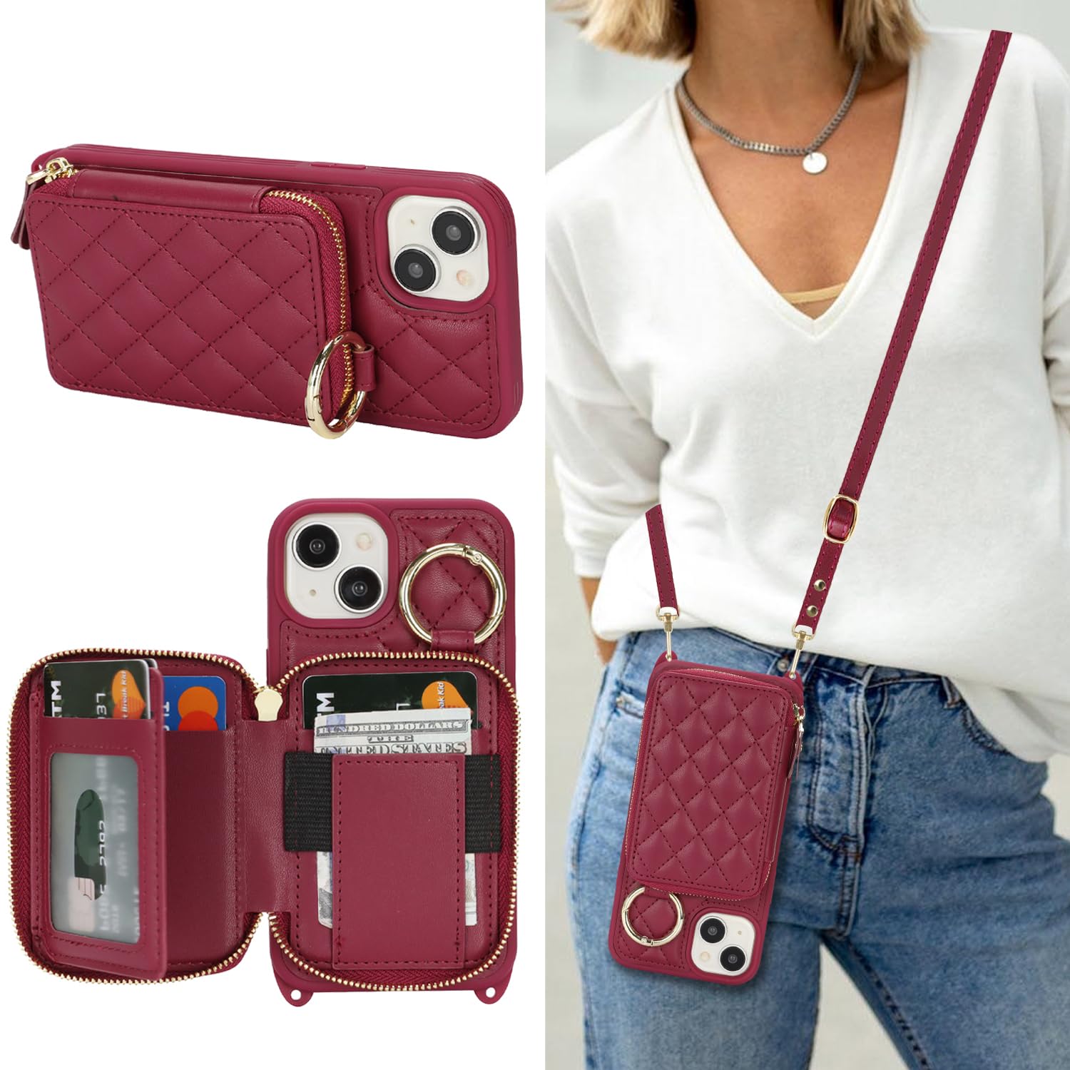 Crossbody Wallet Case for iPhone 13-Dark red