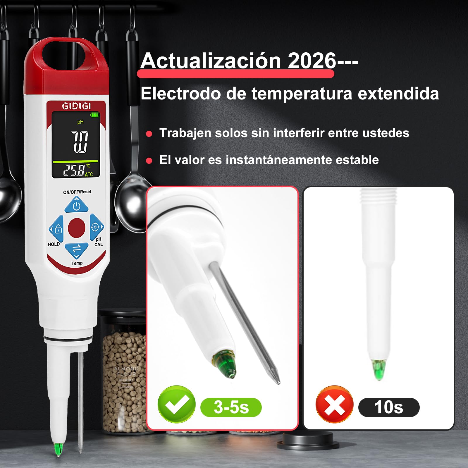 Phmetro Alimentos Medidor pH Digital con Sonda Punta de Lanza para Masa Madre Fermentación Salsas Calientes Vino