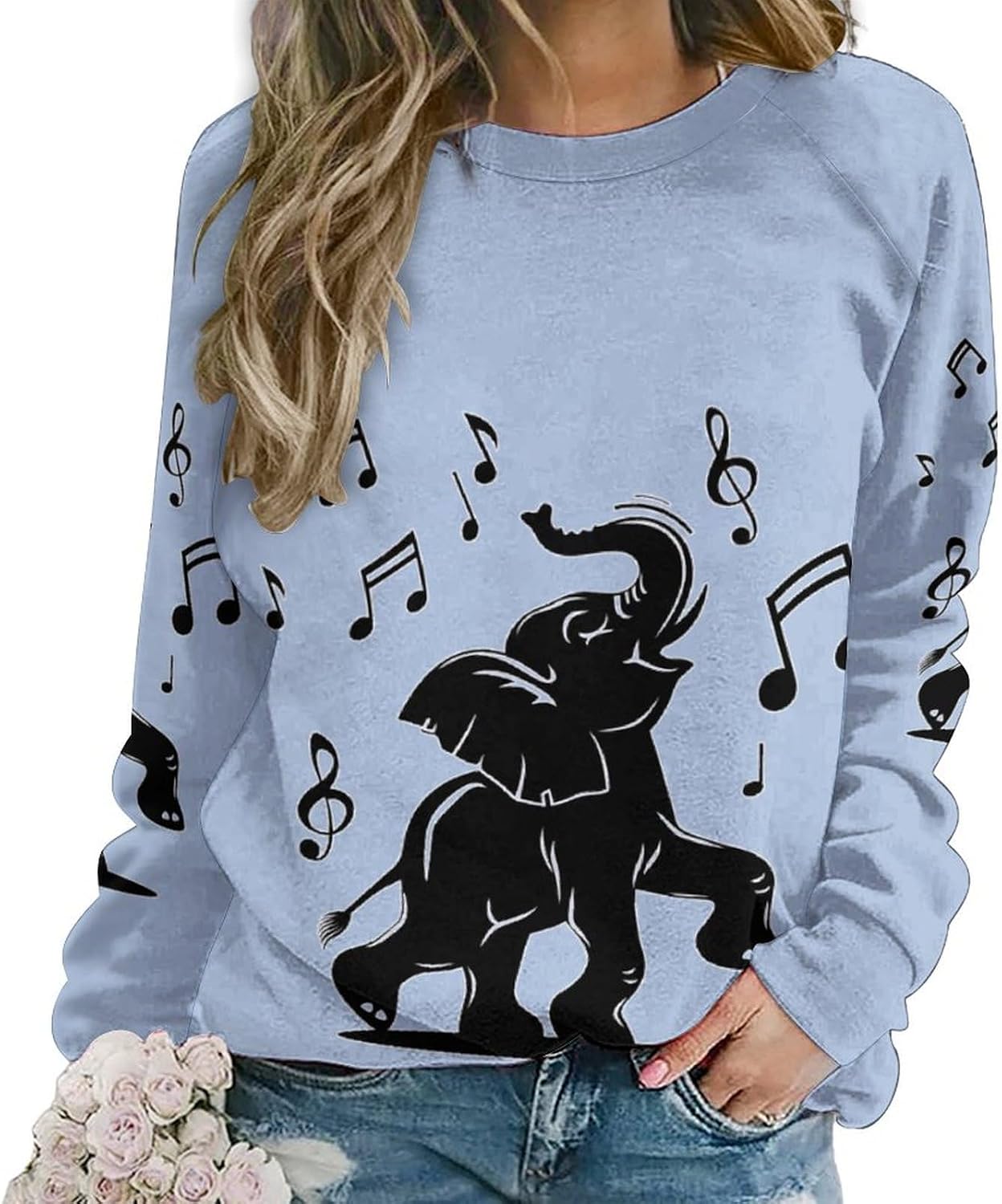 Elephant Music Women’s Fashion Sweatshirt: Long Sleeve Crewneck Pullover Casual Loose Top