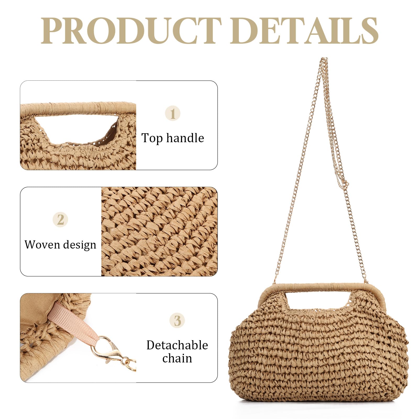 EVEOUT Clutch de Paja Trenzada con Cadena Mujer Boho Bolso Tejido para Fiesta Bodas Verano Bolsos de Mano Rafia Sintética para Playa Vacaciones — view 7