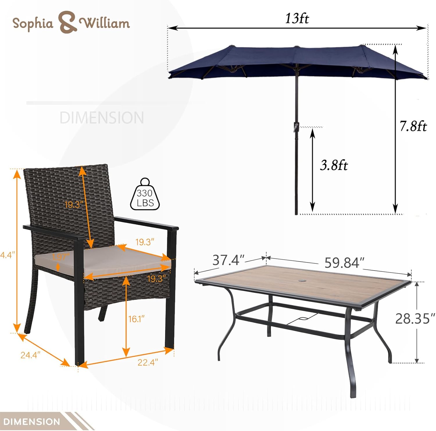 Sophia & William 7 Pieces Patio Dining Set with 13 ft Navy Double-Sided Umbrella, Outdoor Rattan Chairs & Metal and PVC Table Set with Cushions and 1.57" Umbrella Hole for Terrace Backyard Porch