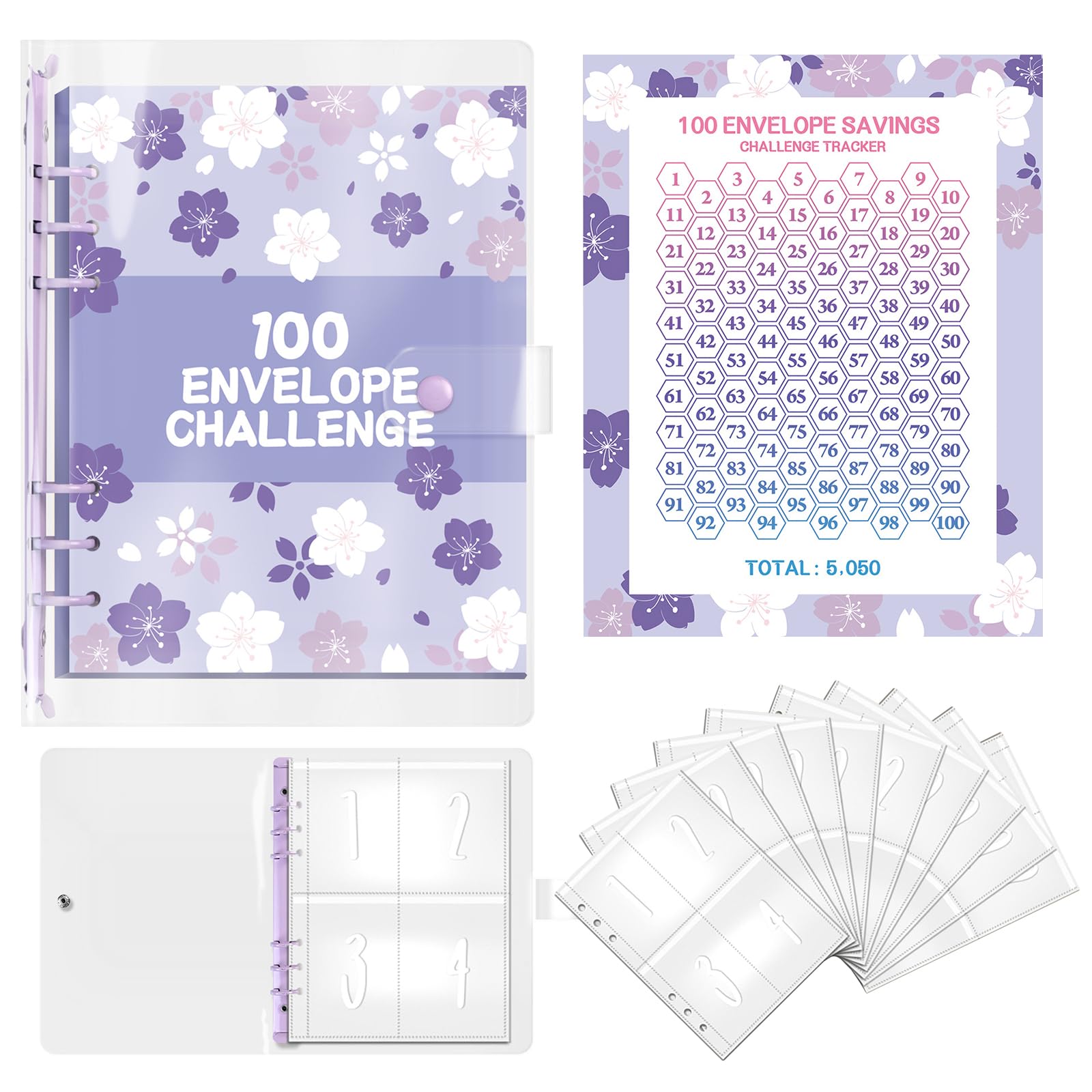 100 Envelope Savings Challenge, Libro del Risparmio A5, Budget Planner 5050€, con Buste Trasparenti e Chiusura Magnetica