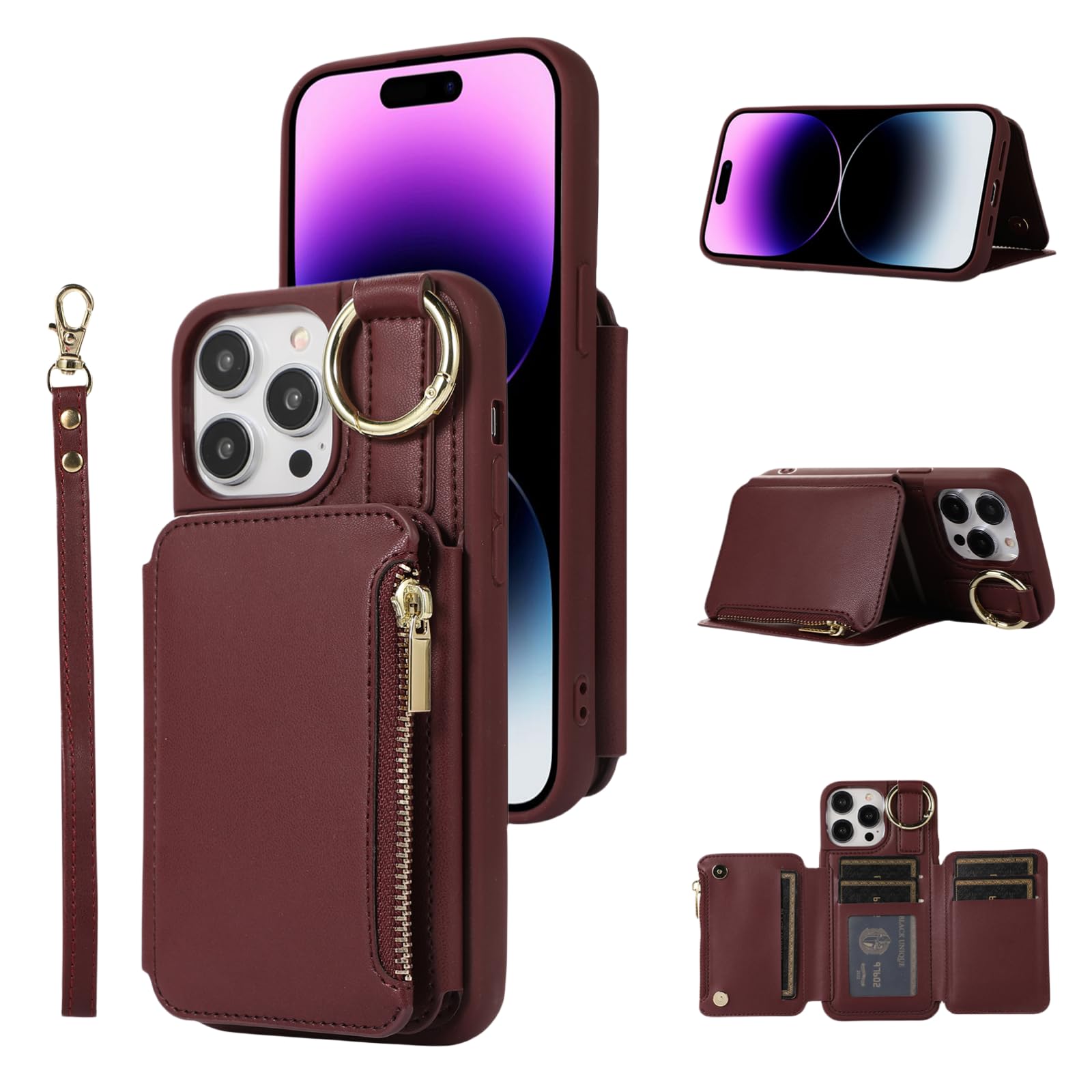UEEBAI Cover A Portafoglio Per IPhone 13 Pro Max 6.7'' - Custodia In Pelle PU Con Blocco RFID, Design A Rilievo, Chiusura Magnetica E Supporto - Colore Foglie - 3