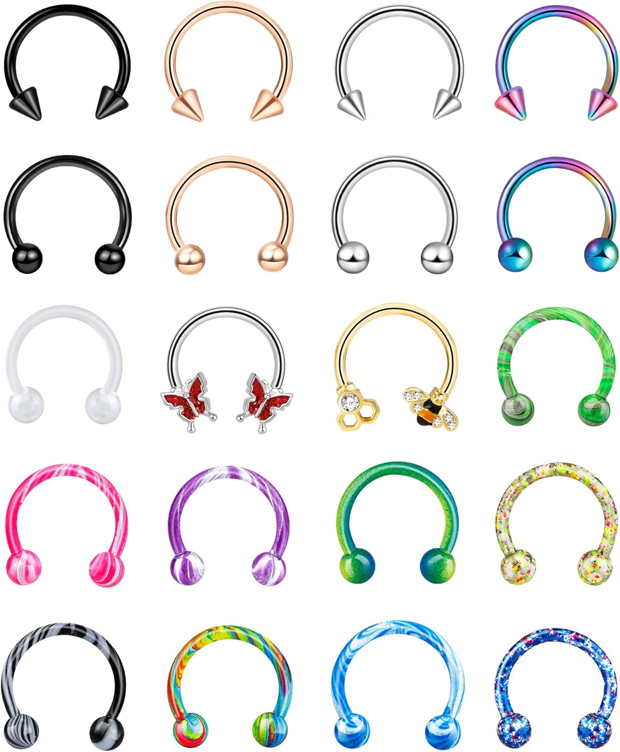 ONESING 20 Pcs 16G Lip Rings for Women Nose Piercing Jewelry Tragus Horseshoe Earrings Hypoallergenic Stainless Steel Pink 10mm