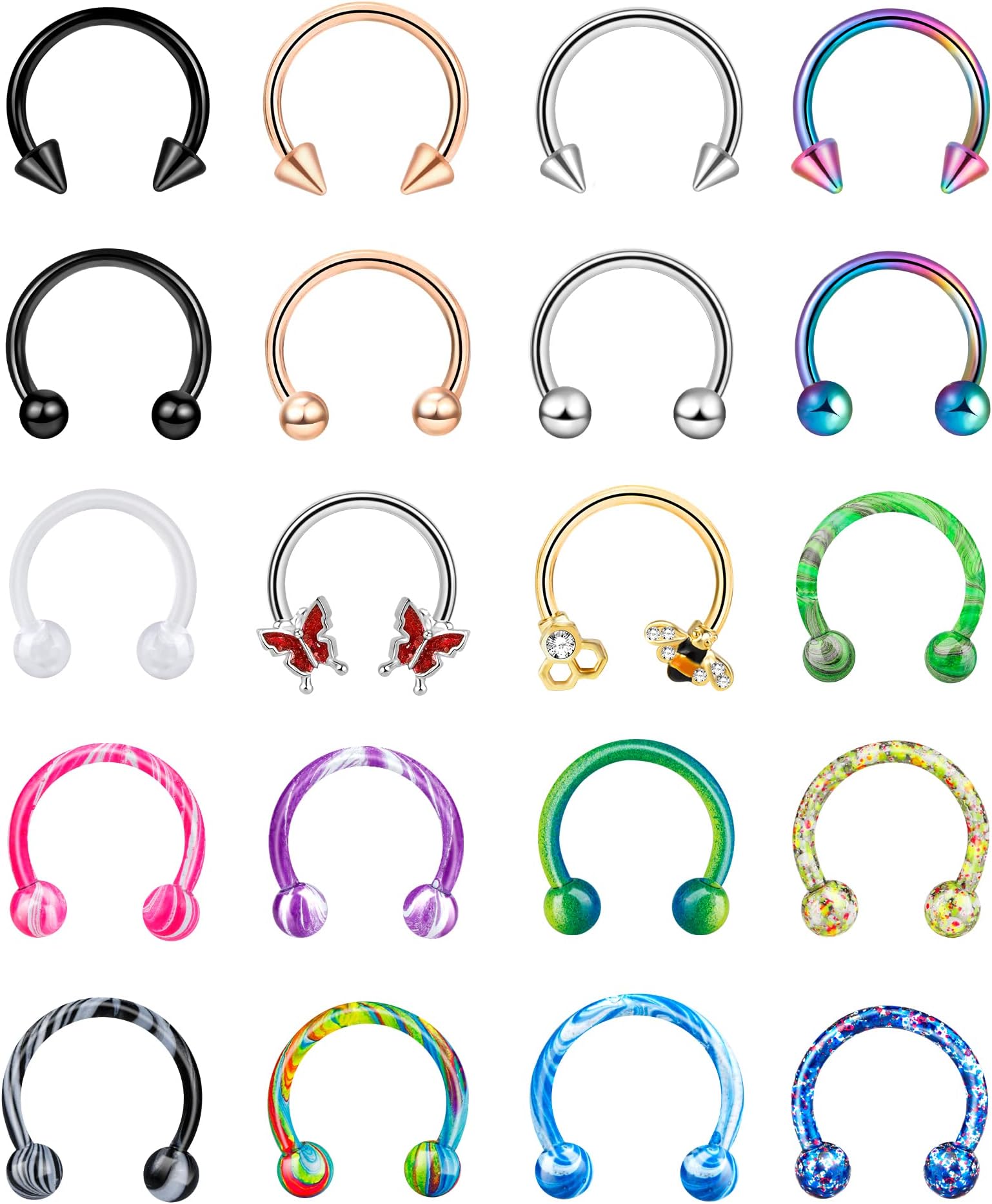 20 Pcs 16G Lip Rings for Women Nose Piercing Jewelry Tragus Horseshoe Earrings Hypoallergenic Stainless Steel Pink 10mm
