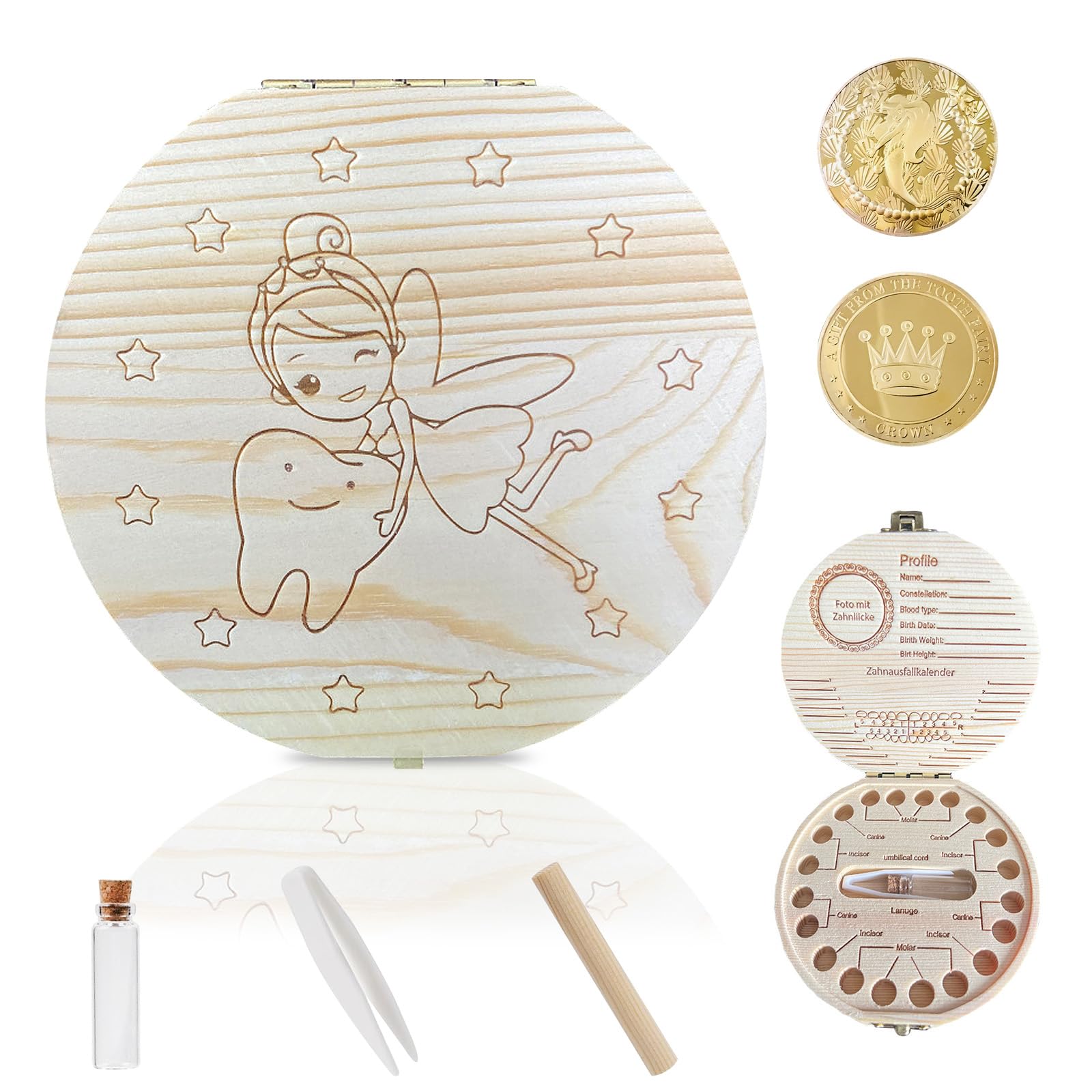 NYHWBI Tooth Fairy Box, Wooden Tooth Box Keepsake Boxes with 2 Commemorative Coins 3D Carved Wooden Teeth Keepsake Samll Saver Box for Lost Teeth Childhood Memory