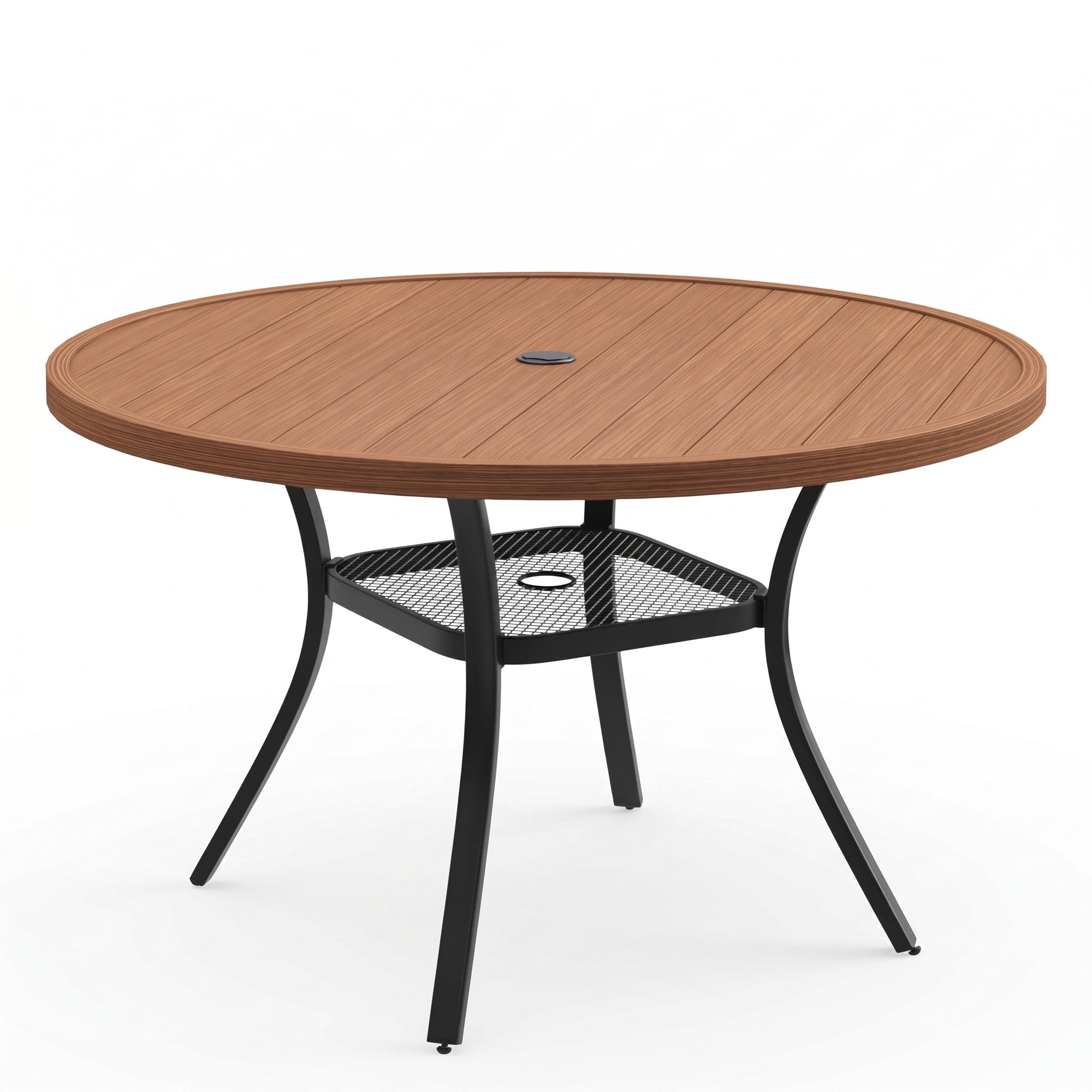 VICLLAX Metal Outdoor Dining Table for 4, All Weather 40.7" Black Round Patio Table with Adjustable Umbrella Hole for Lawn, Garden, Balcony and Poolsides, Walnut Wood Grain Tabletop