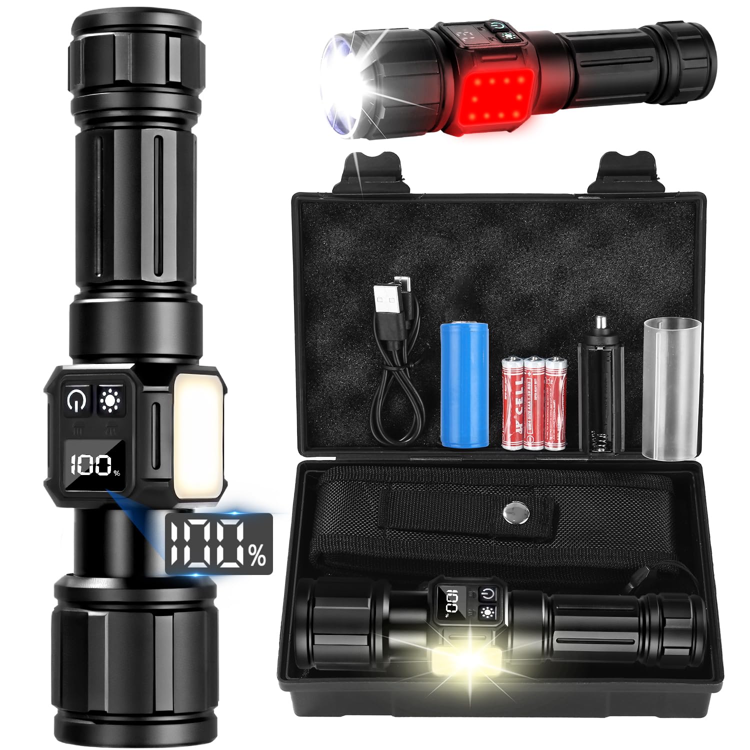 Azyvum Torcia LED Potente Professionale, Ricaricabile Super Luminoso Zoomabile Torcia Alta Potenza con 9 Modalità di Illuminazione,IP67 Impermeabile Flashlight per Campeggio Emergenza Trekking