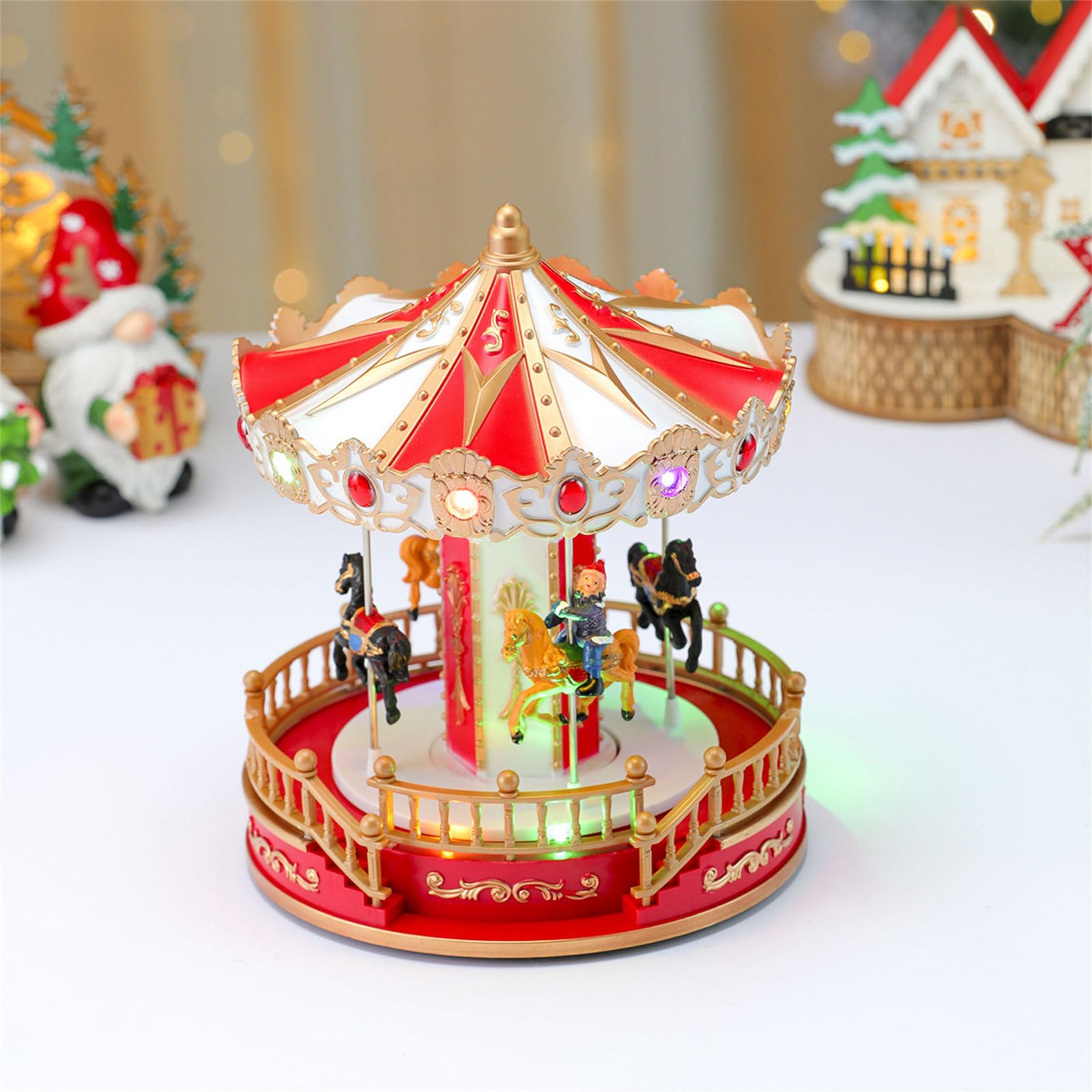 Decoración musical giratoria navideña Carruseles navideños iluminados por LED Adorno con opción de alimentación por batería USB Regalo para niños Carruseles navideños Caja de música con luz LED