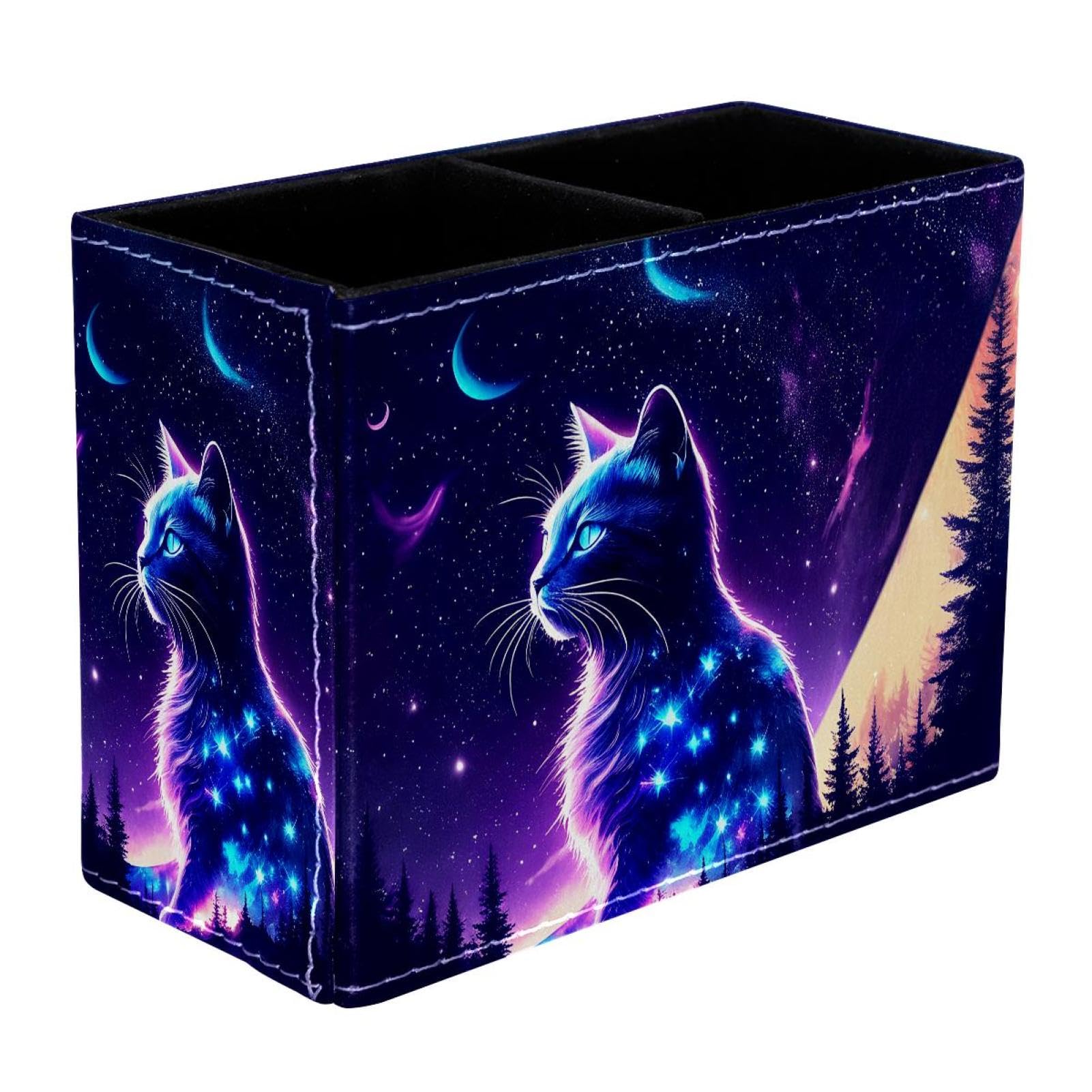 FWJZDSP Purple Starry Sky Cat PU Leather Pencil Organizer, Makeup Brush Holder, Office Decor and Desk Accessories Durable
