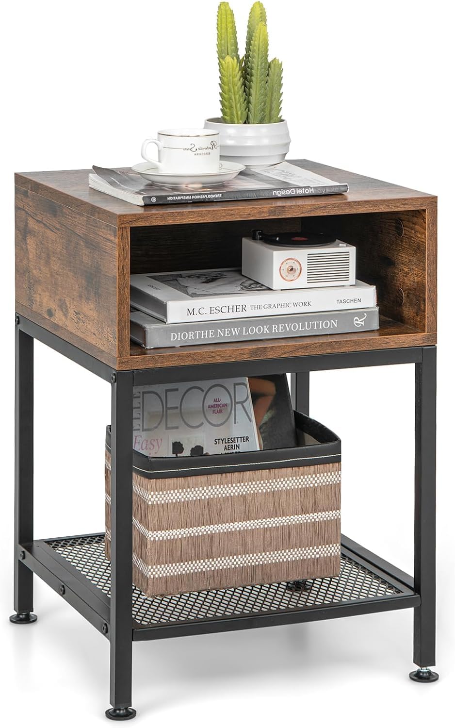 Mesa Auxiliar Cuadrada De Madera Y Metal | Estilo Industrial Para Salón, Dormitorio O Balcón - 50x50x50 Cm