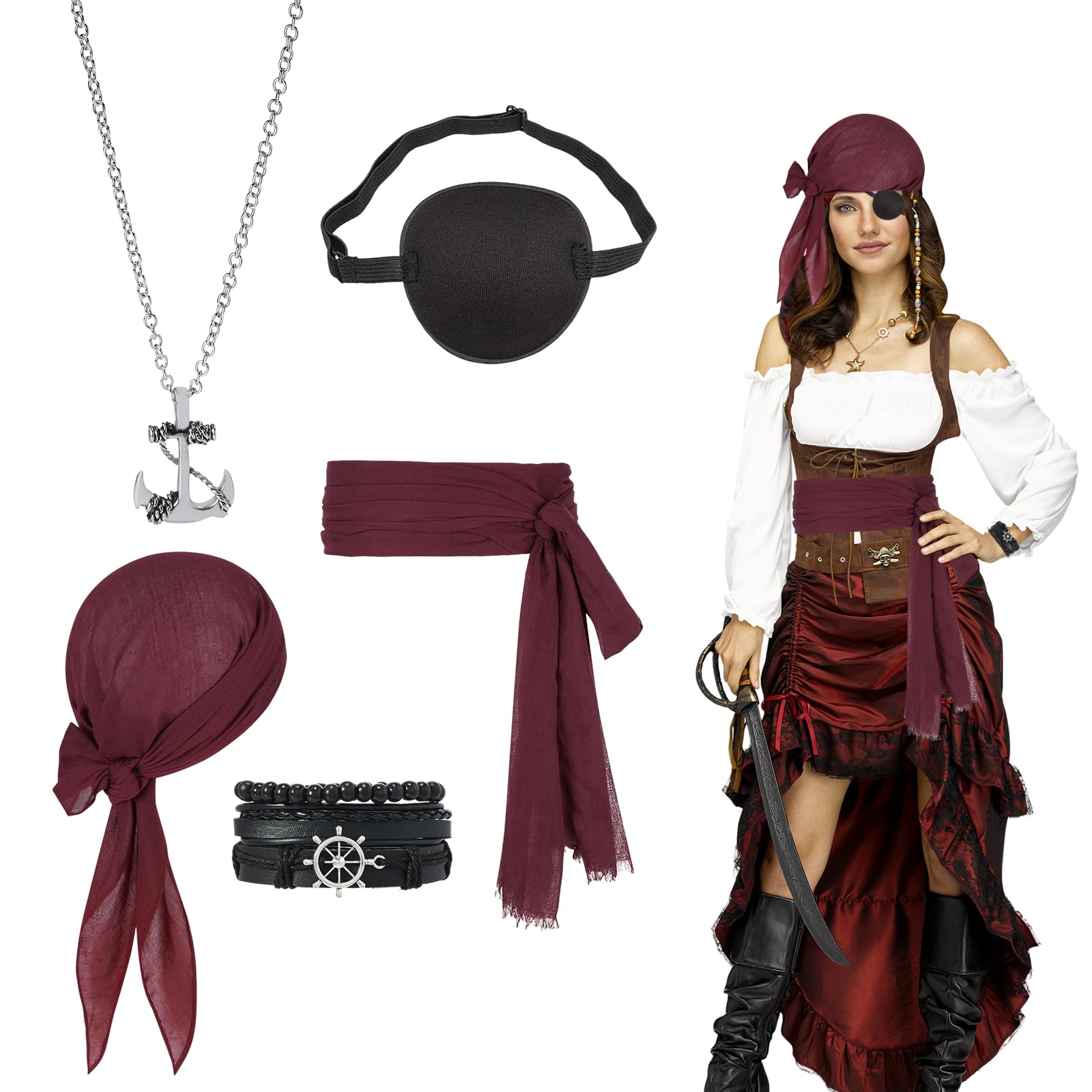7 piezas de disfraz de pirata medieval set de accesorios para hombre y mujer, accesorio para disfraz de pirata, pulsera, pañuelo, pañuelo para la cabeza, parche para Halloween, cosplay, fiesta