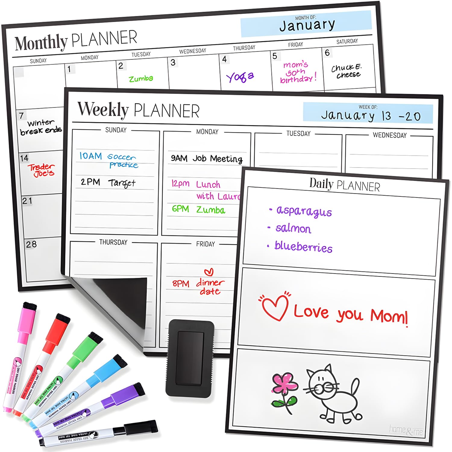 Cinch! Magnetic Calendar Bundle of 3 - Monthly, Weekly, Daily Planning Dry Erase Boards for Fridge - Magnetic Fridge Calendar Whiteboard Set with 6