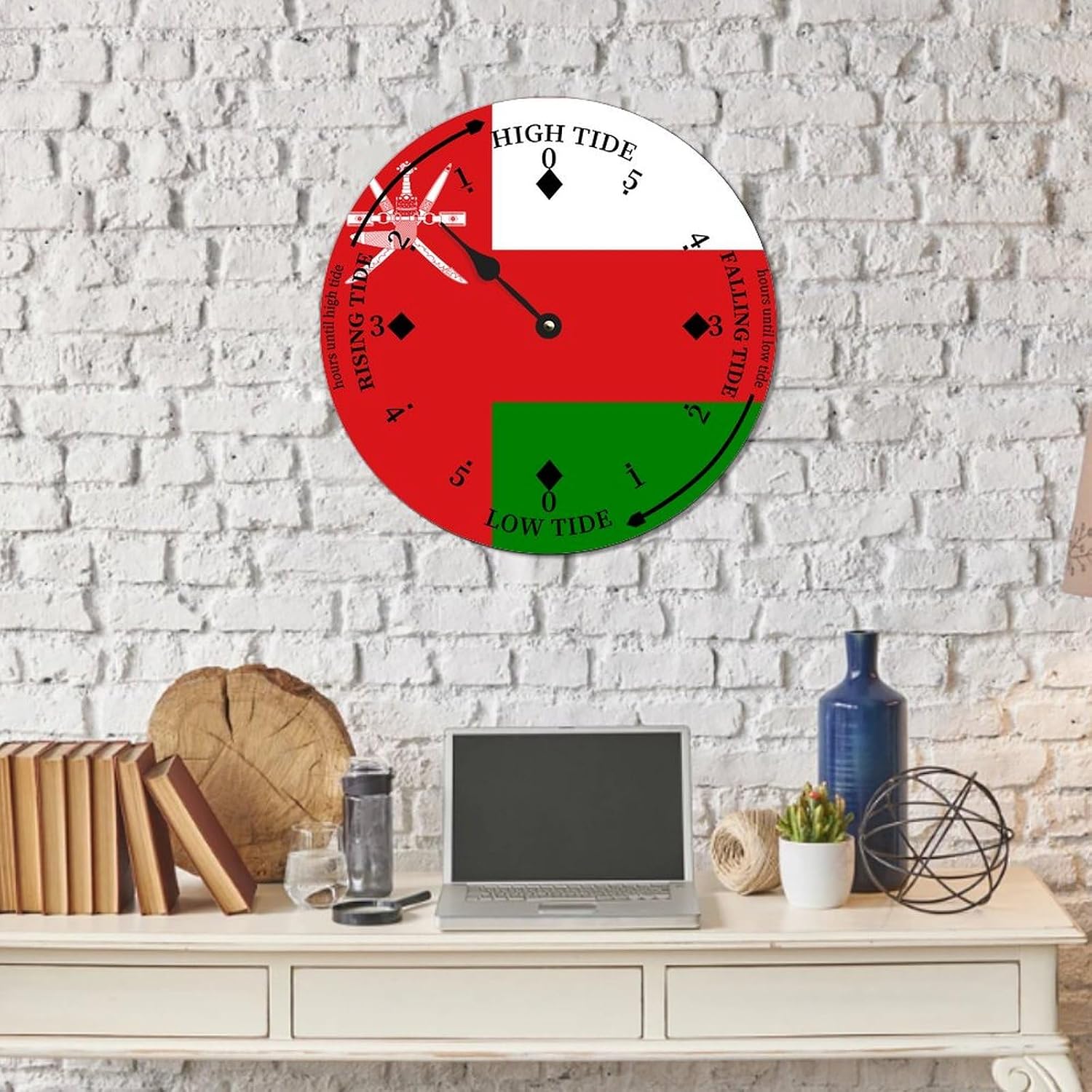 Oman National Flag Tide Clocks Oman Wood Tidal Clock with High Tide Low Tide 15" Wall Hanging Art Tide Movement Clock for Living Room Farmhouse Home Decor