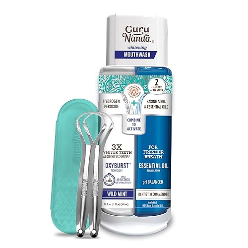 GuruNanda Cuchara raspadora de lengua de acero inoxidable (paquete de 2) y enjuague bucal blanqueador Oxyburst de doble barril, combate el mal