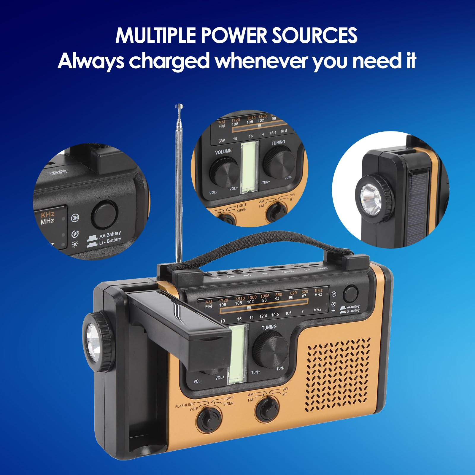 AM FM Solar Radio Radio, Bluetooth 5.0 Ręcznie Przenośne Radio z latarką, Alarm SOS, ładowarka do Telefonu Komórkowego, Małe Radia Pogodowe na Kemping, Awaryjne