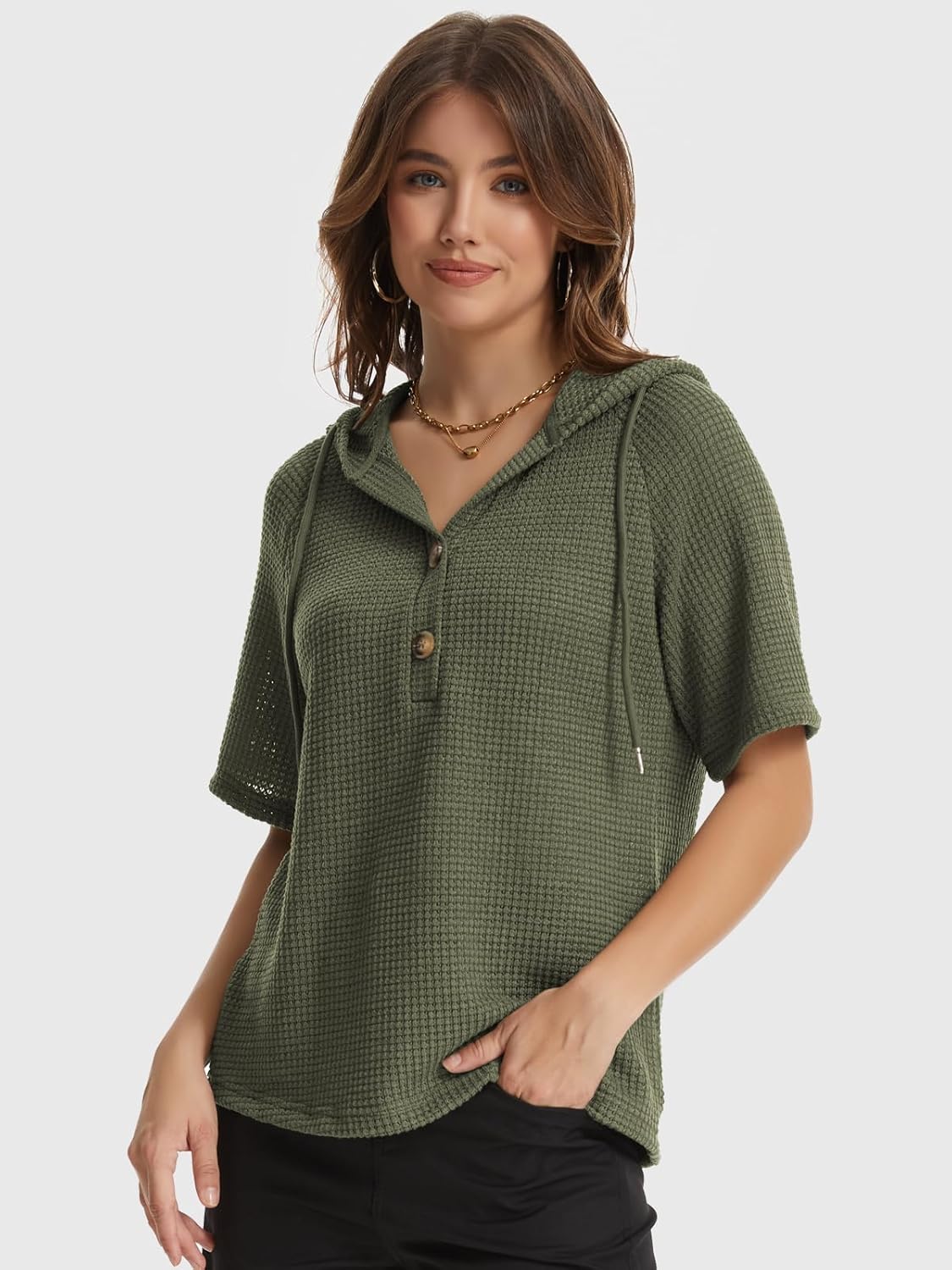 Hoodies Sweatshirt for Women Waffle Long Sleeve Oversized Sweaters Drawstring Button V Neck Casual Pullover Tops - Image 4