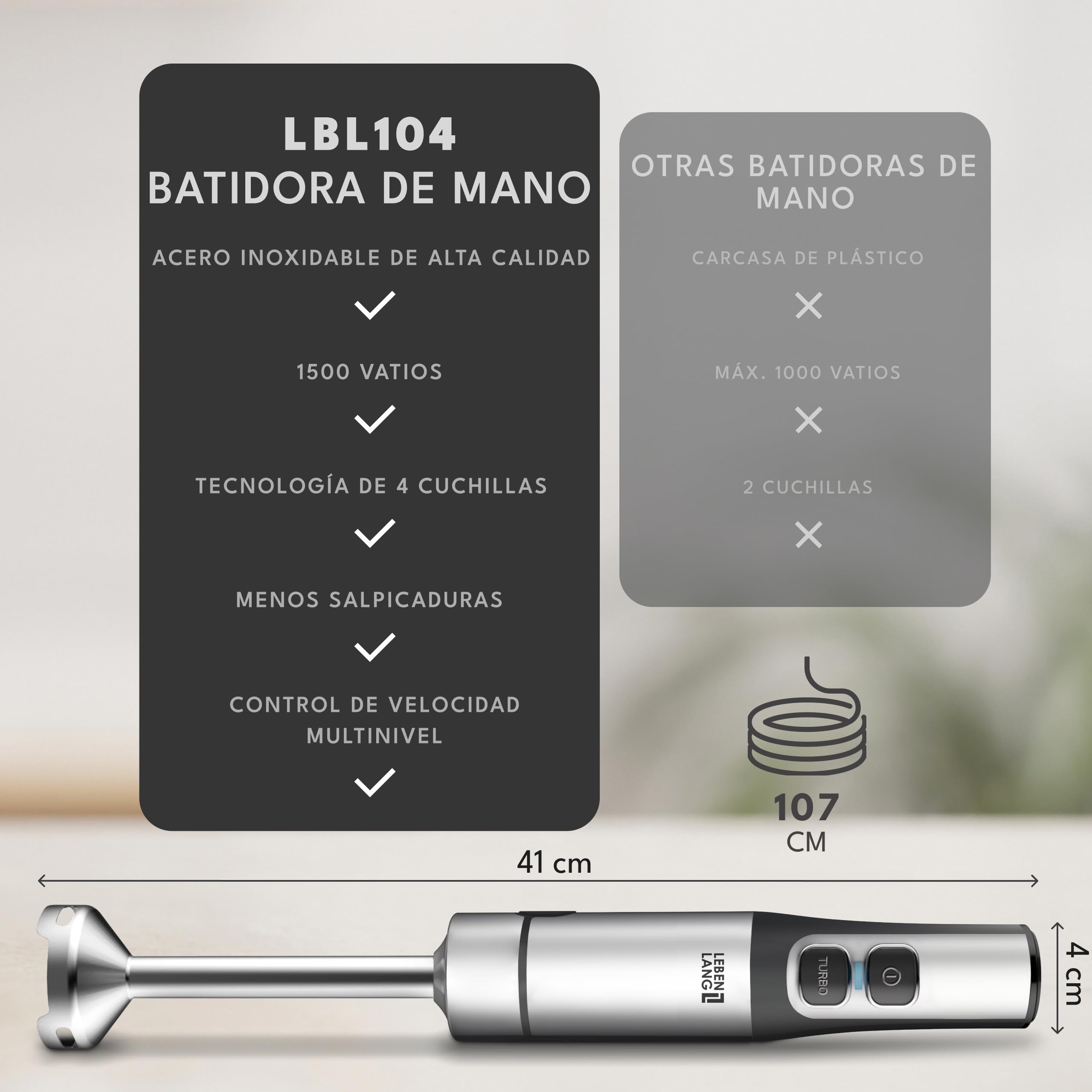 LEBENLANG Batidora mano de 1500W de acero inox - Jarra medidora de 800 ml & protector contra salpicaduras I Ajuste continuo & turbo I Procesador de alimentos Minipimer Blender Varinha magicas cozinha